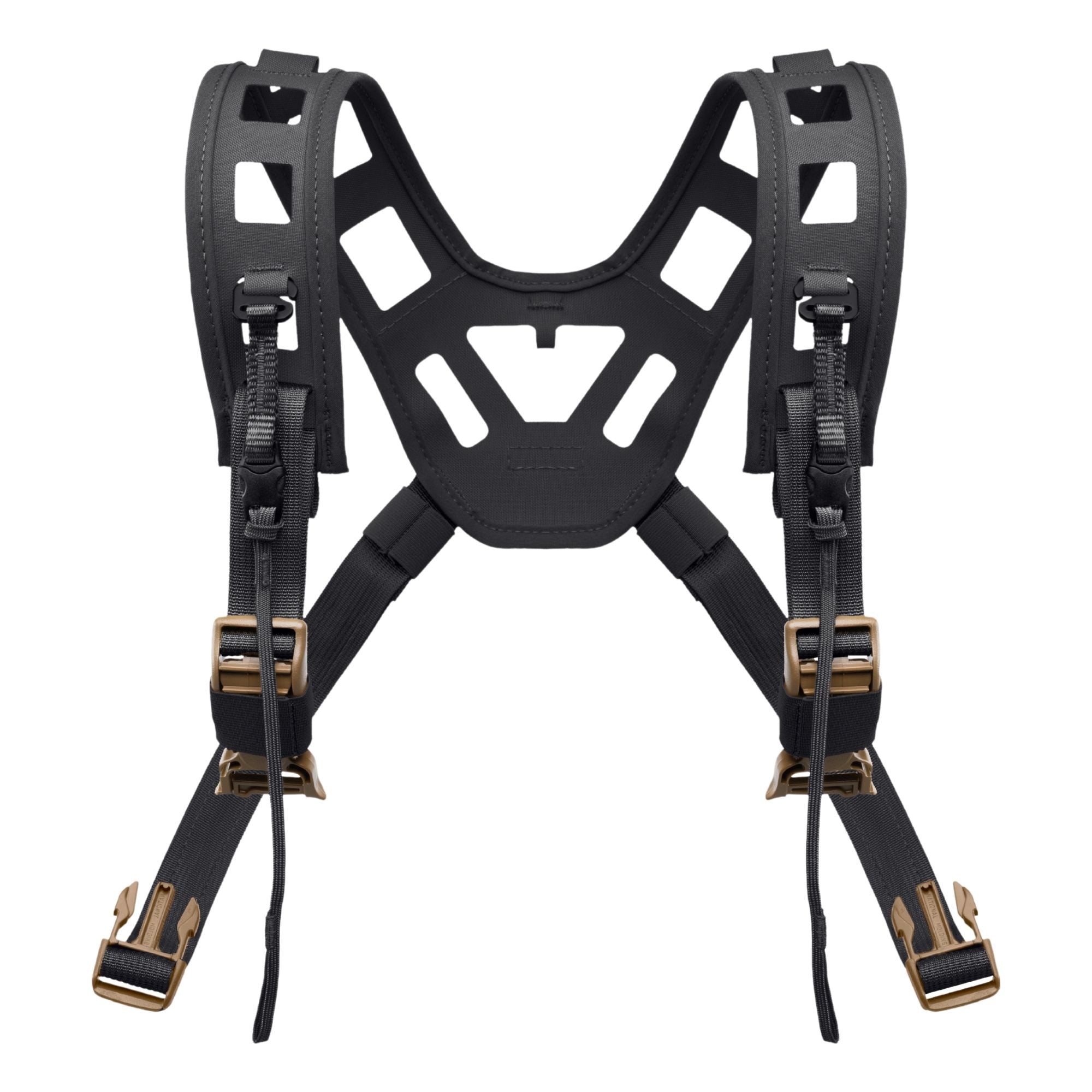 Black tactical harness with mesh straps and quick-release buckles, X-shape.