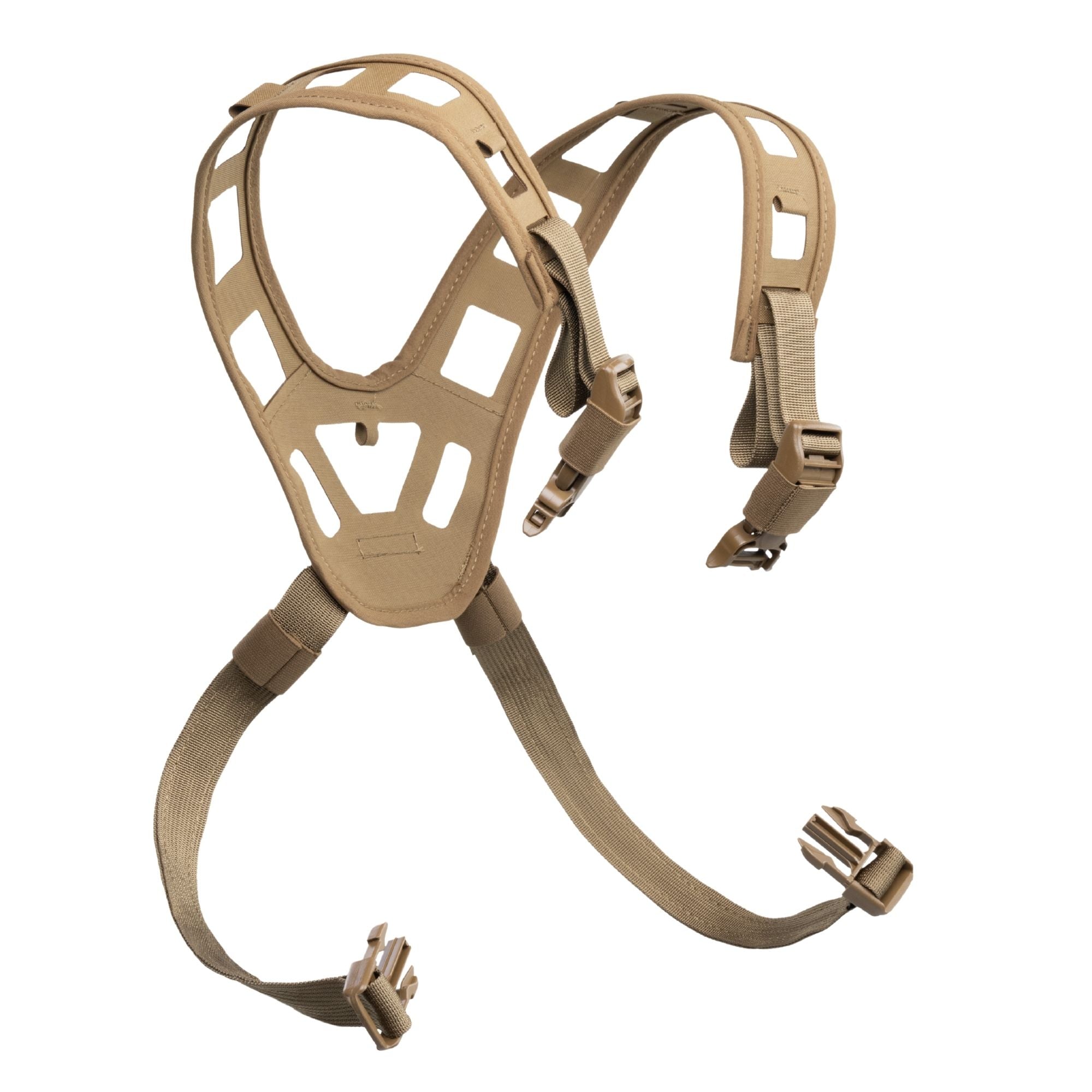 Coyote brown tactical shoulder harness with mesh straps, ventilation holes, and tan buckles.