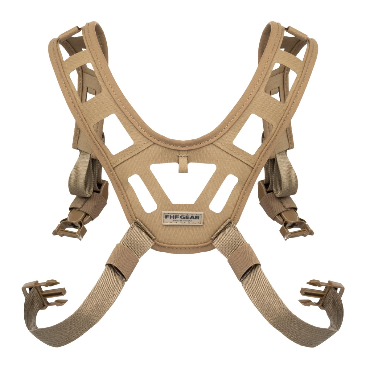 Coyote brown tactical harness with mesh shoulders and quick-release buckles.
