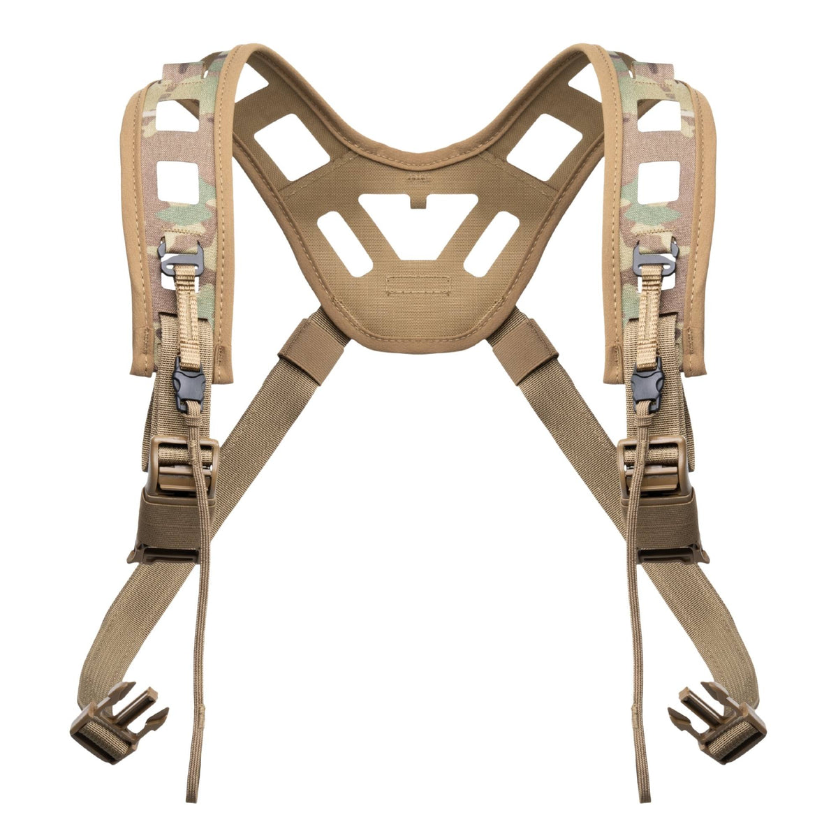Multicam tactical harness with mesh straps and quick-release buckles, X-shape.