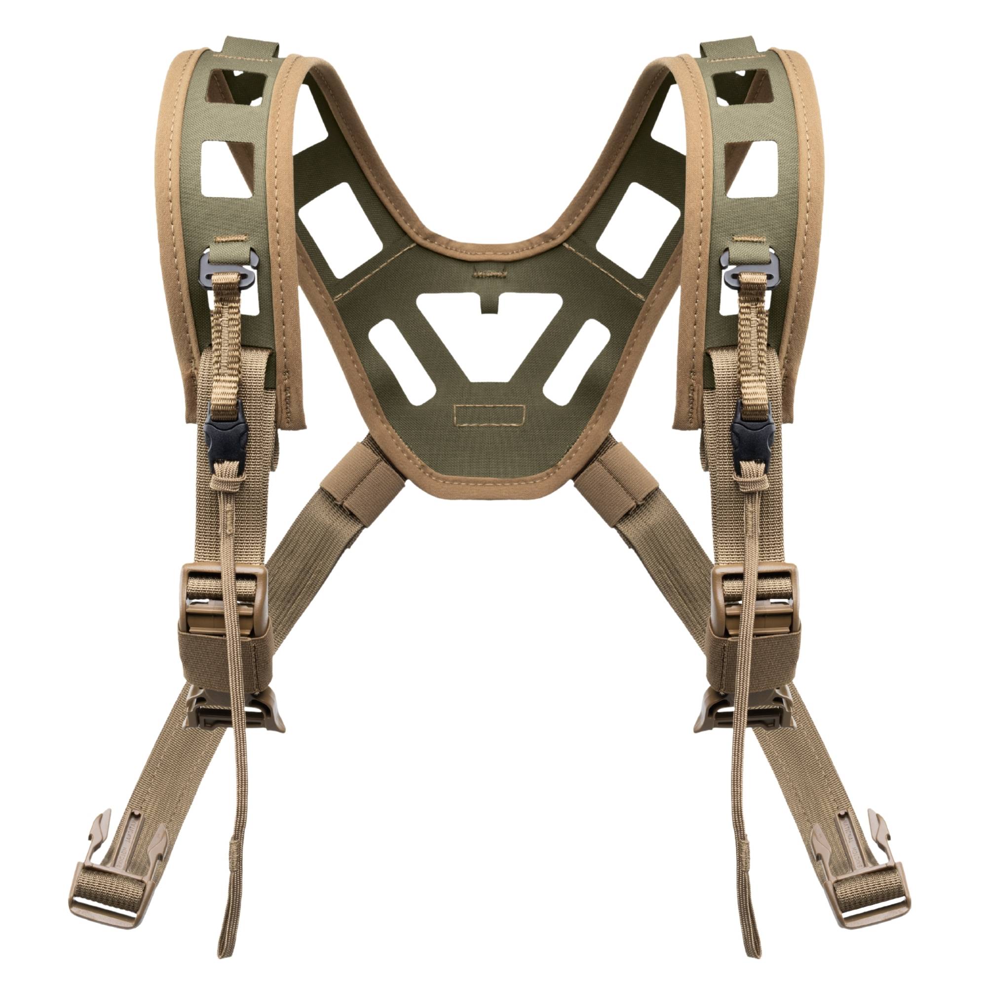 Ranger green tactical harness with mesh straps and quick-release buckles, X-shape.