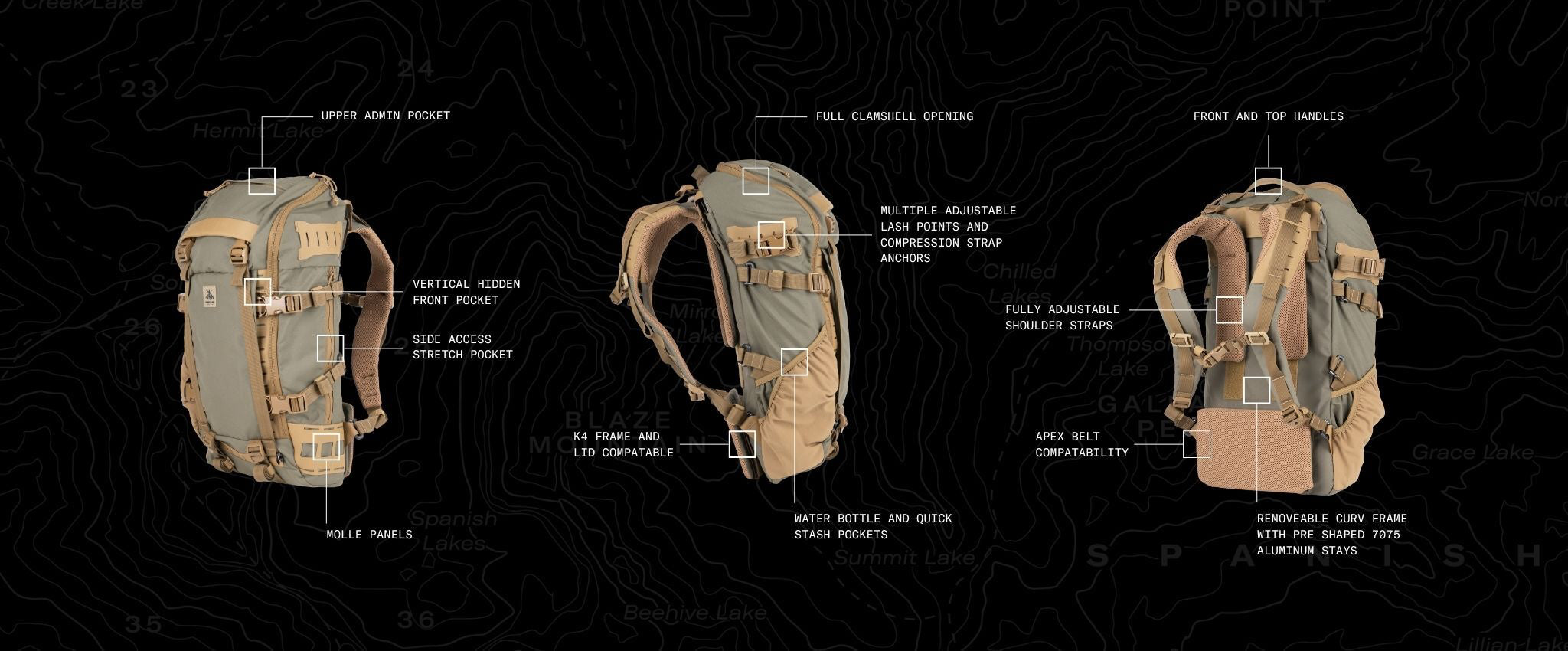 Three views of a tactical backpack on a dark topographic background with labeled callouts pointing to features such as the upper pocket, shoulder straps, compression strap, and water bottle and gear loops.