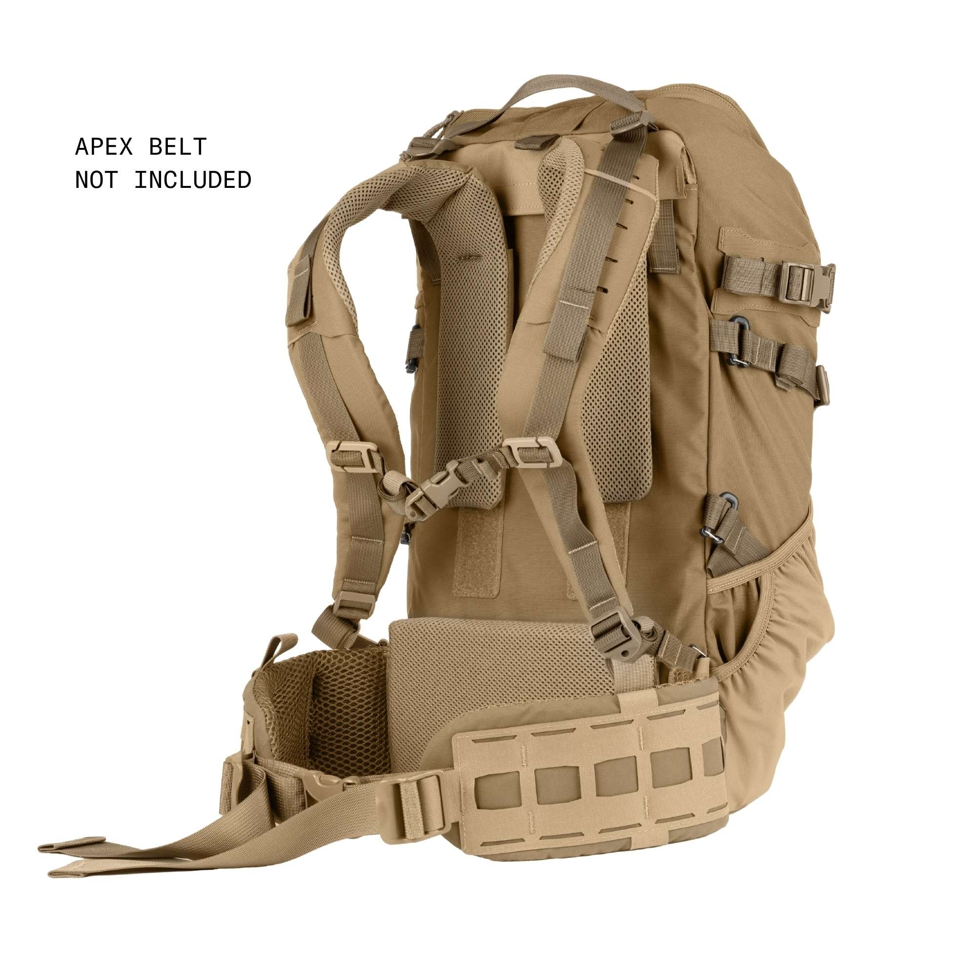 Tactical hunting backpack in coyote brown with text "APEX BELT NOT INCLUDED" to the side.