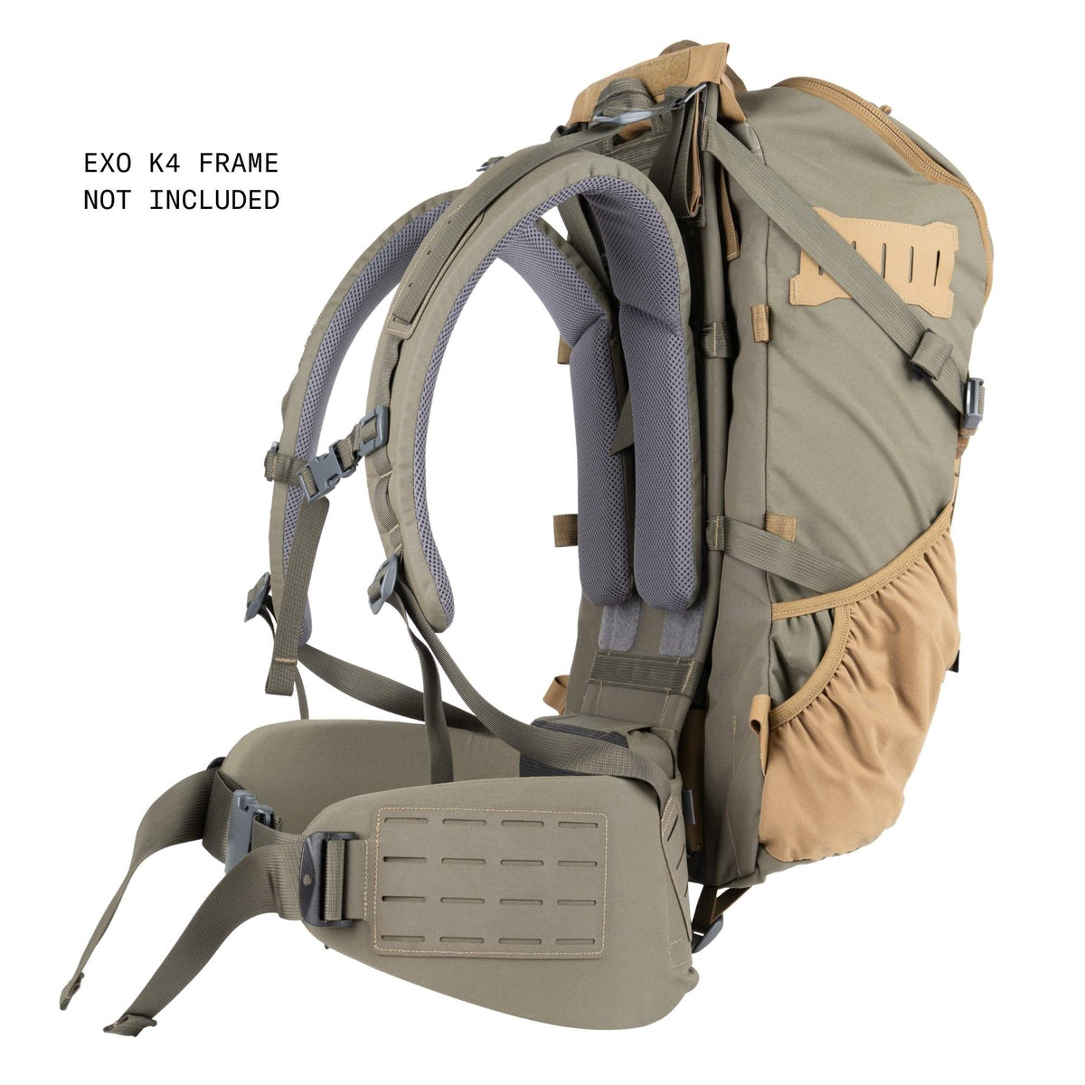 Tactical hunting backpack in olive green and coyote brown with text "EXO K4 FRAME NOT INCLUDED" to the side.