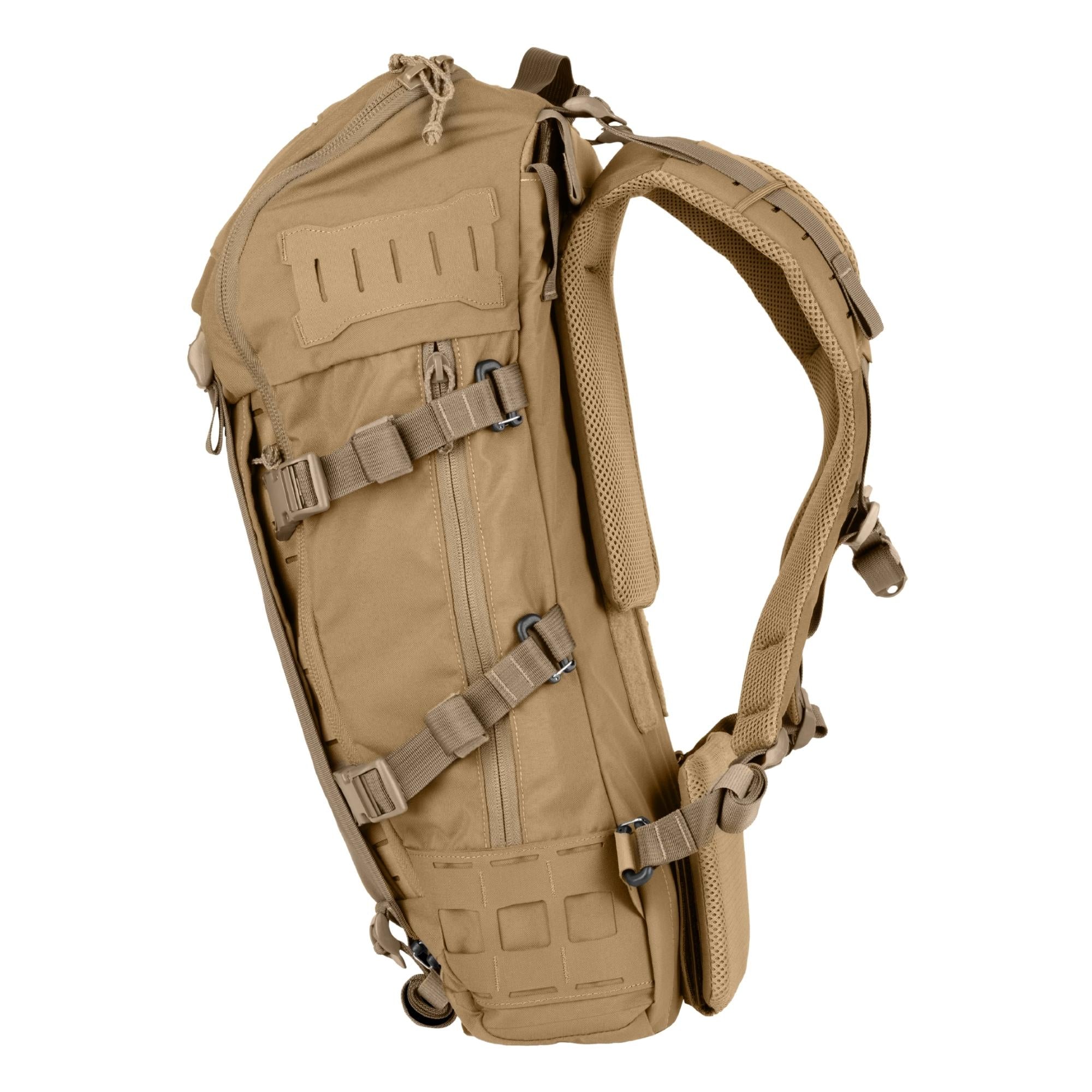 A hunting backpack shown from a three-quarters angle against a plain white background. The backpack features a muted coyote brown body with tan and beige webbing straps, buckles, and padded shoulder straps.