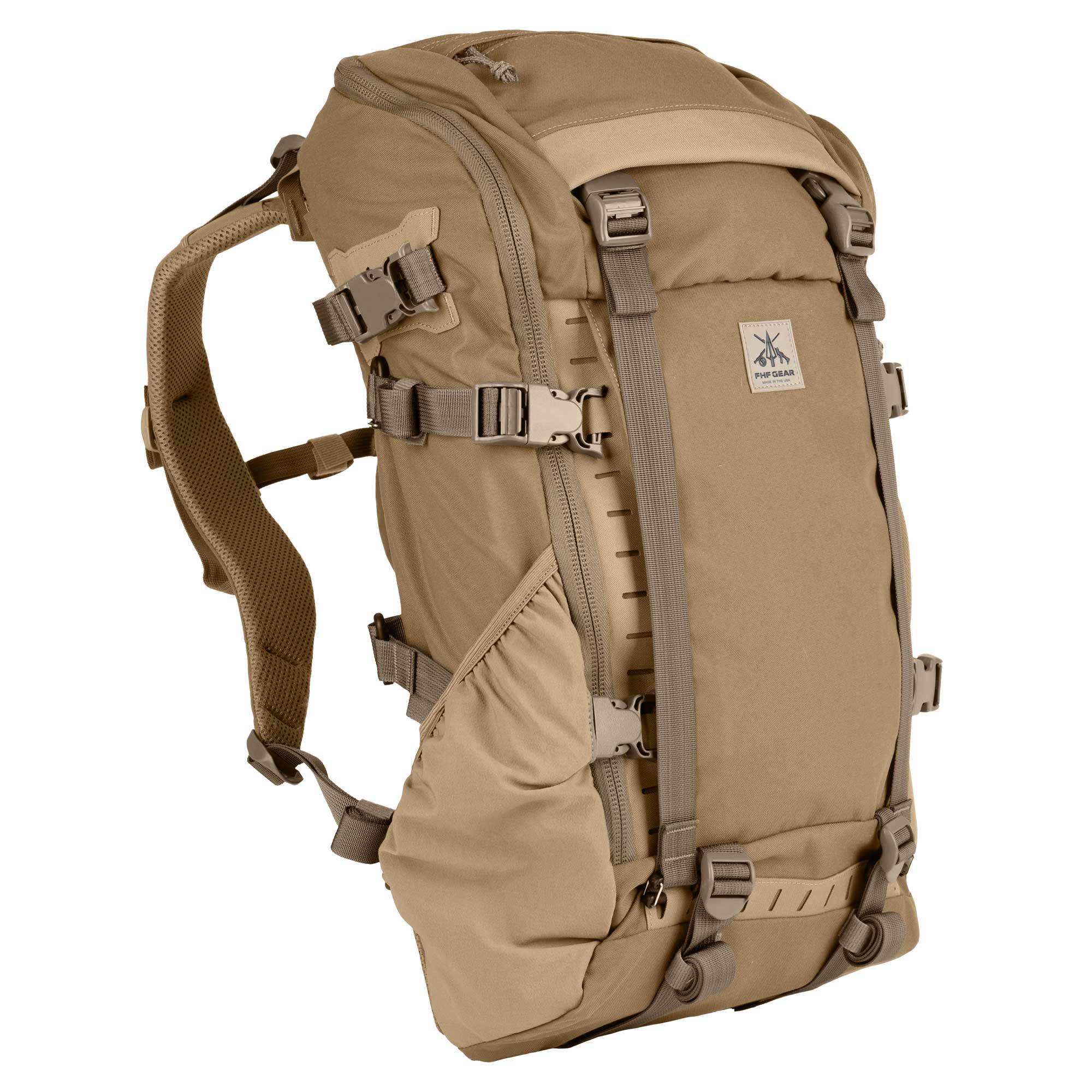 A tan hunting backpack with multiple compression straps, buckles, and a side mesh pocket, shown on a plain white background.
