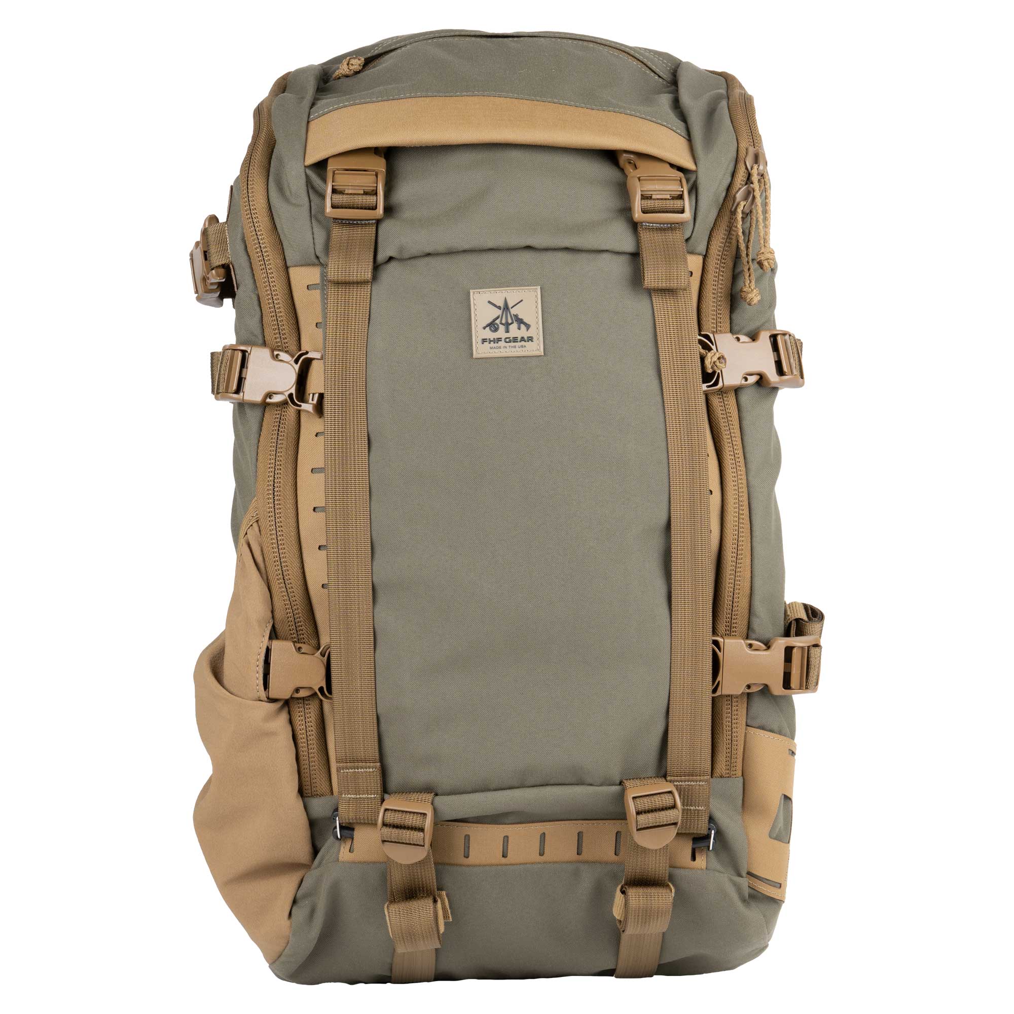 A hunting backpack in olive green and tan, featuring multiple compression straps, buckles, and a central brand patch, shown against a plain white background.