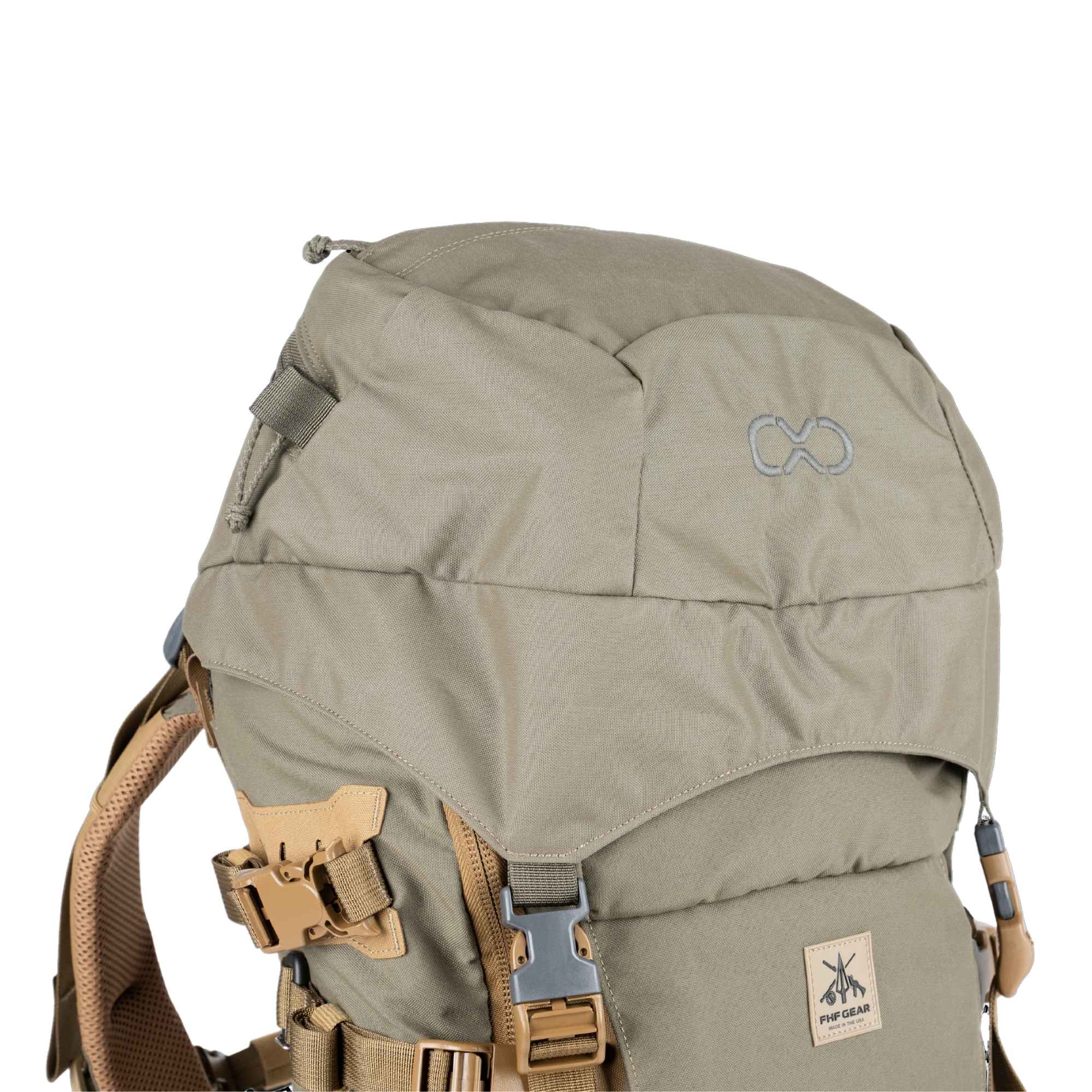 A hunting backpack in olive green and tan, and a lid on top shown from a close up shot.