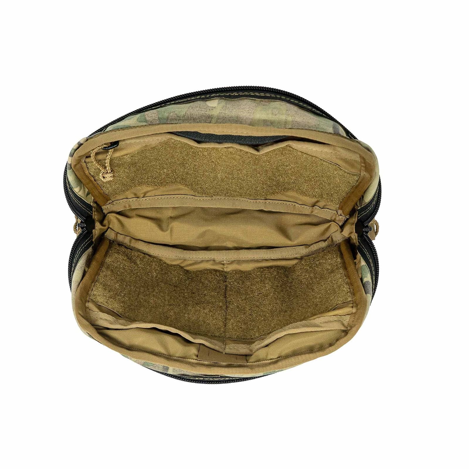 Multicam tactical pouch, open, showing coyote brown interior with multiple pockets and Velcro panels.