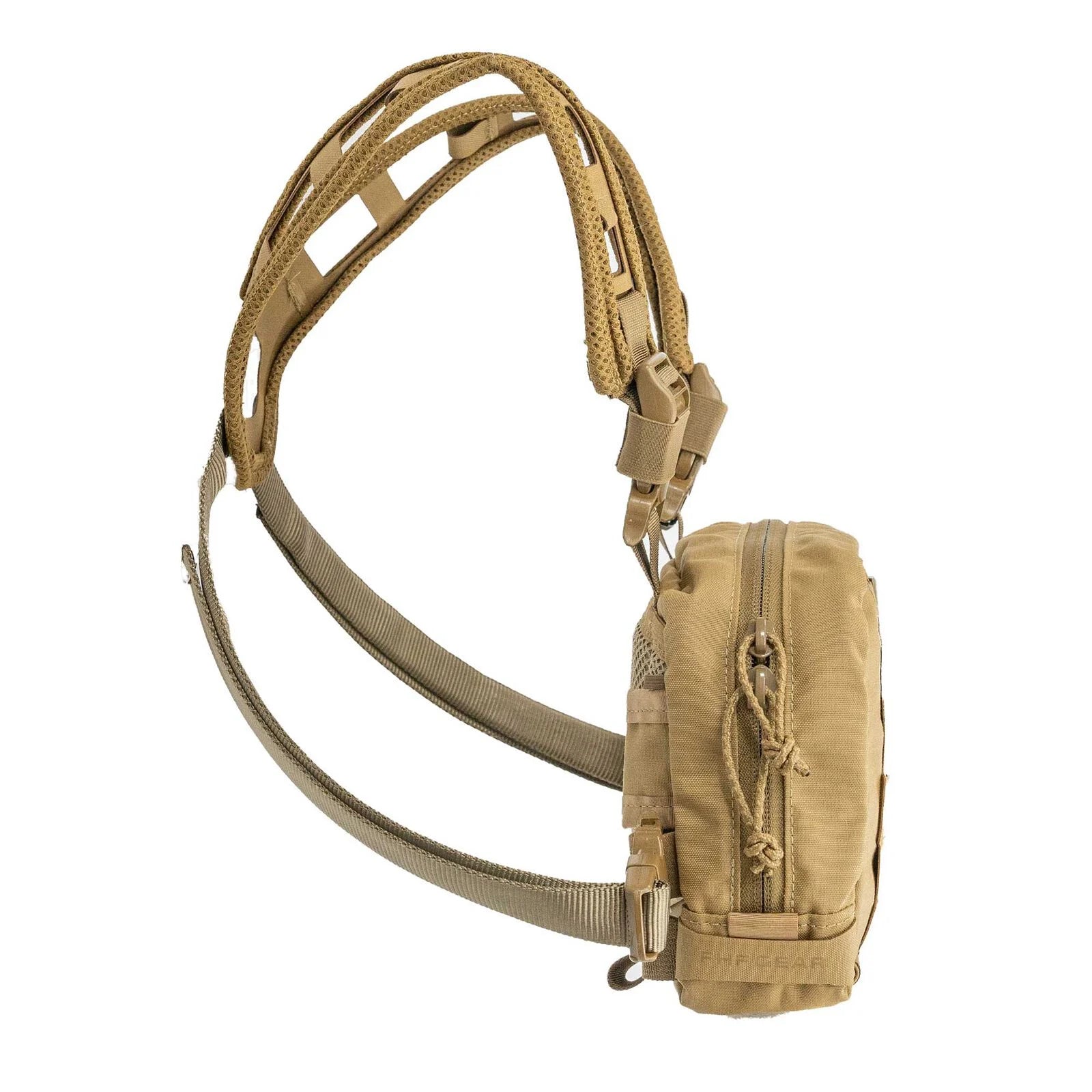 Tan tactical chest rig with padded, perforated shoulder straps and a zippered pouch.