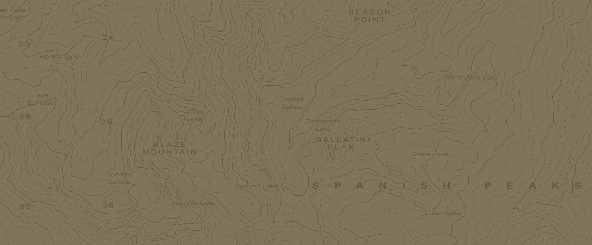 Topographic map with mountain names on a brown background