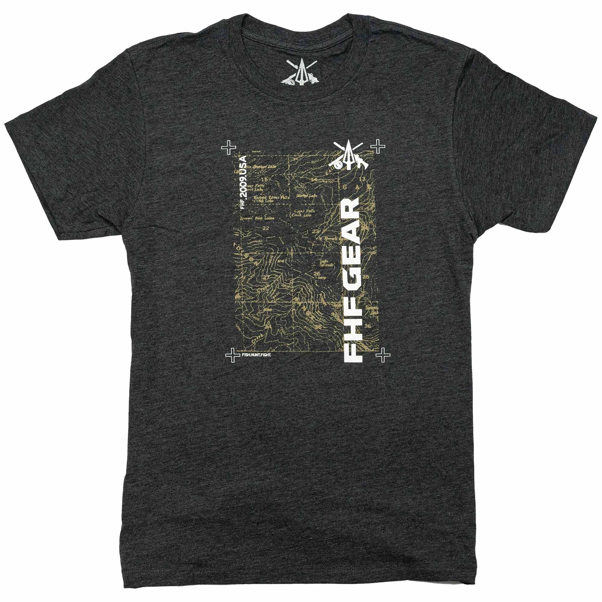 Heather grey t-shirt with a brown topographic map, "FHF GEAR" text, and arrow-bunny logo.