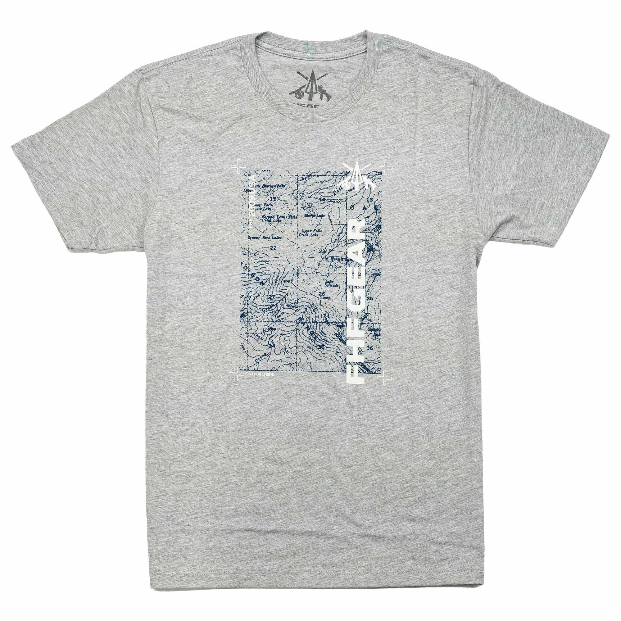 Heather grey t-shirt with a blue topographic map graphic and "FHF GEAR" text.