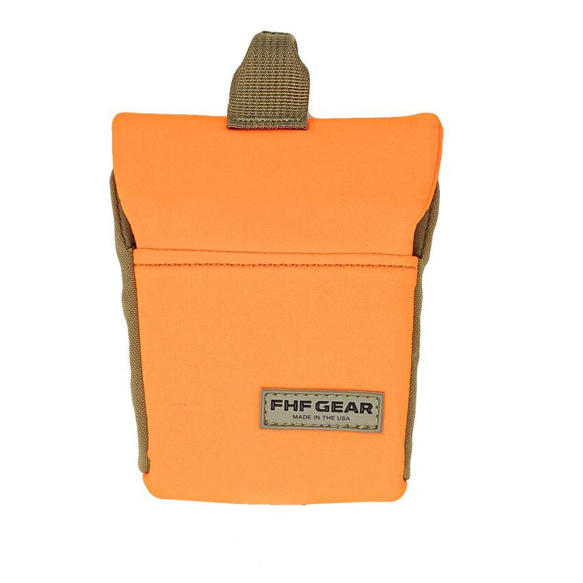 Hunter orange FHF GEAR pouch with tan sides, top loop, and logo patch.