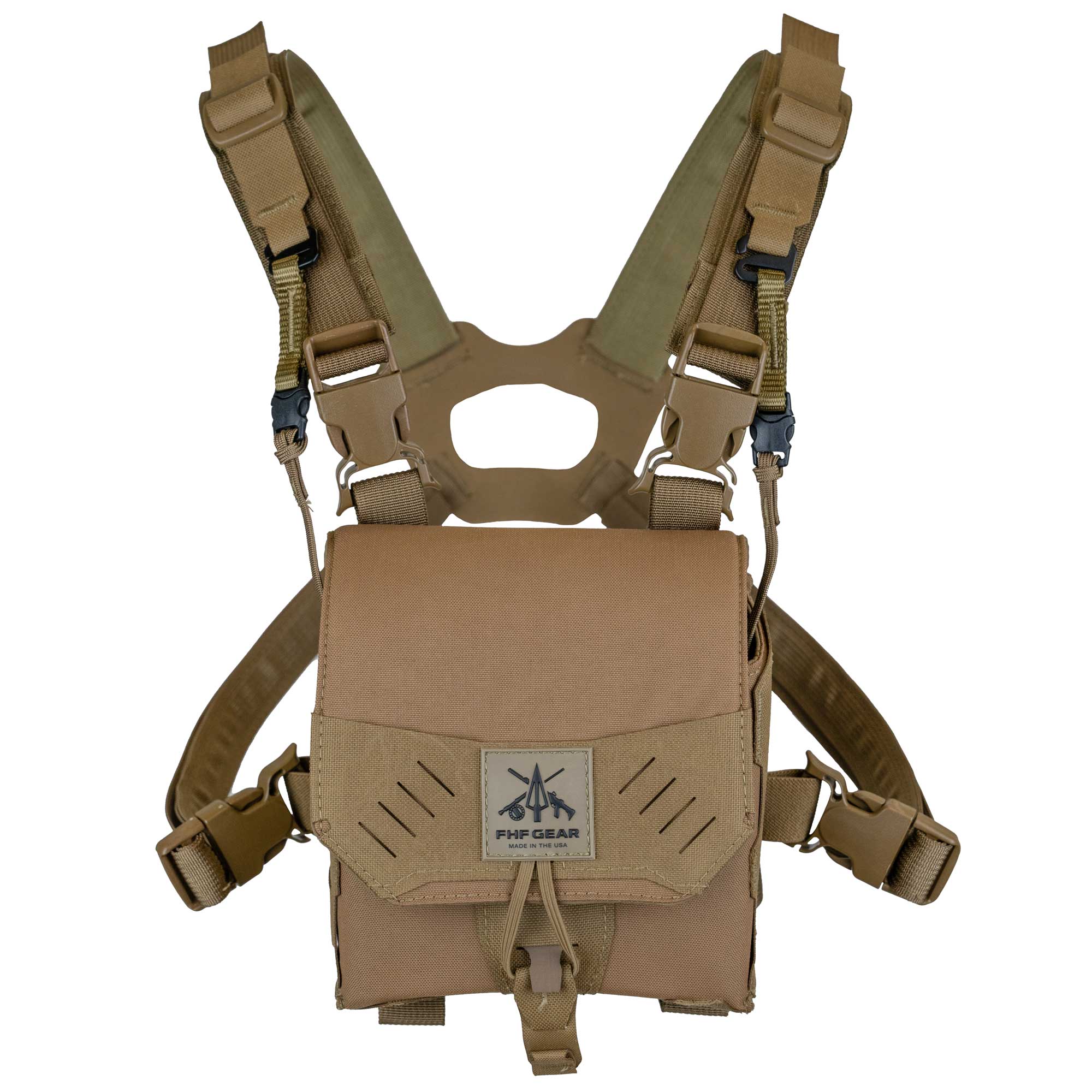 A tan bino harness with adjustable shoulder straps and a front flap pocket featuring a 'FHF GEAR' logo patch, shown against a plain white background.