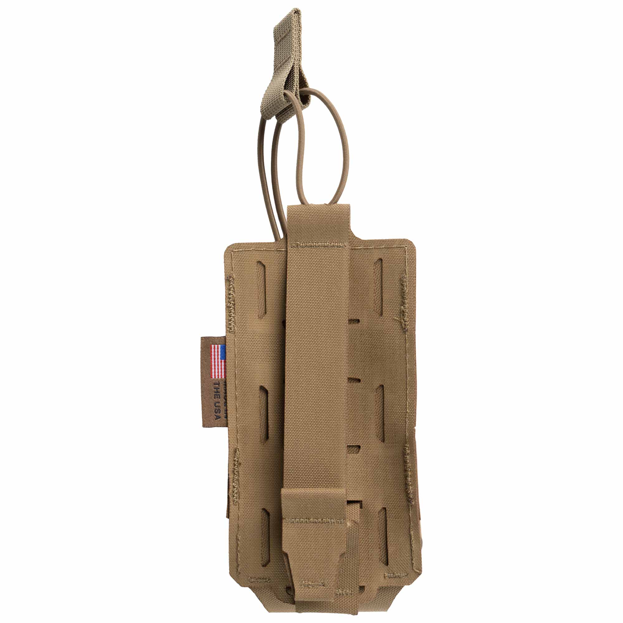 Tactical radio pouch with American flag label on a white background