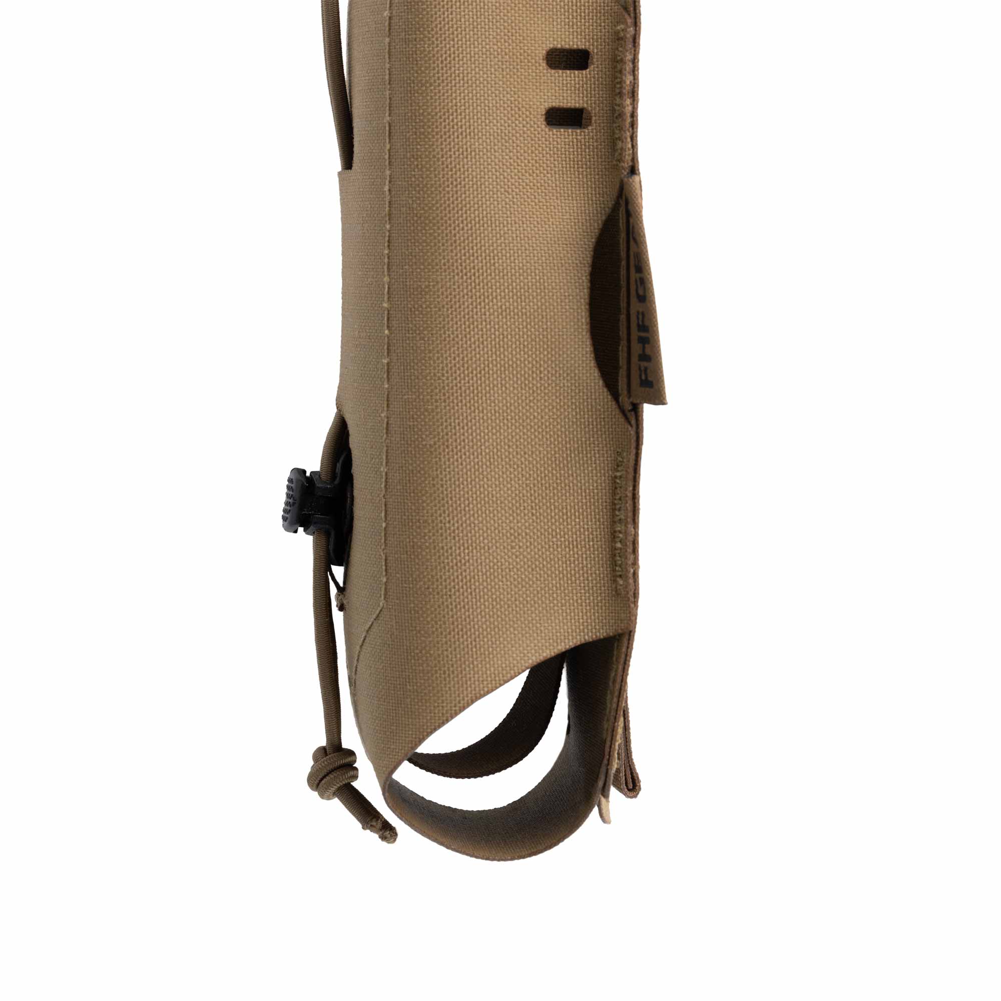 Tan radio pouch with open bottom and straps on a white background
