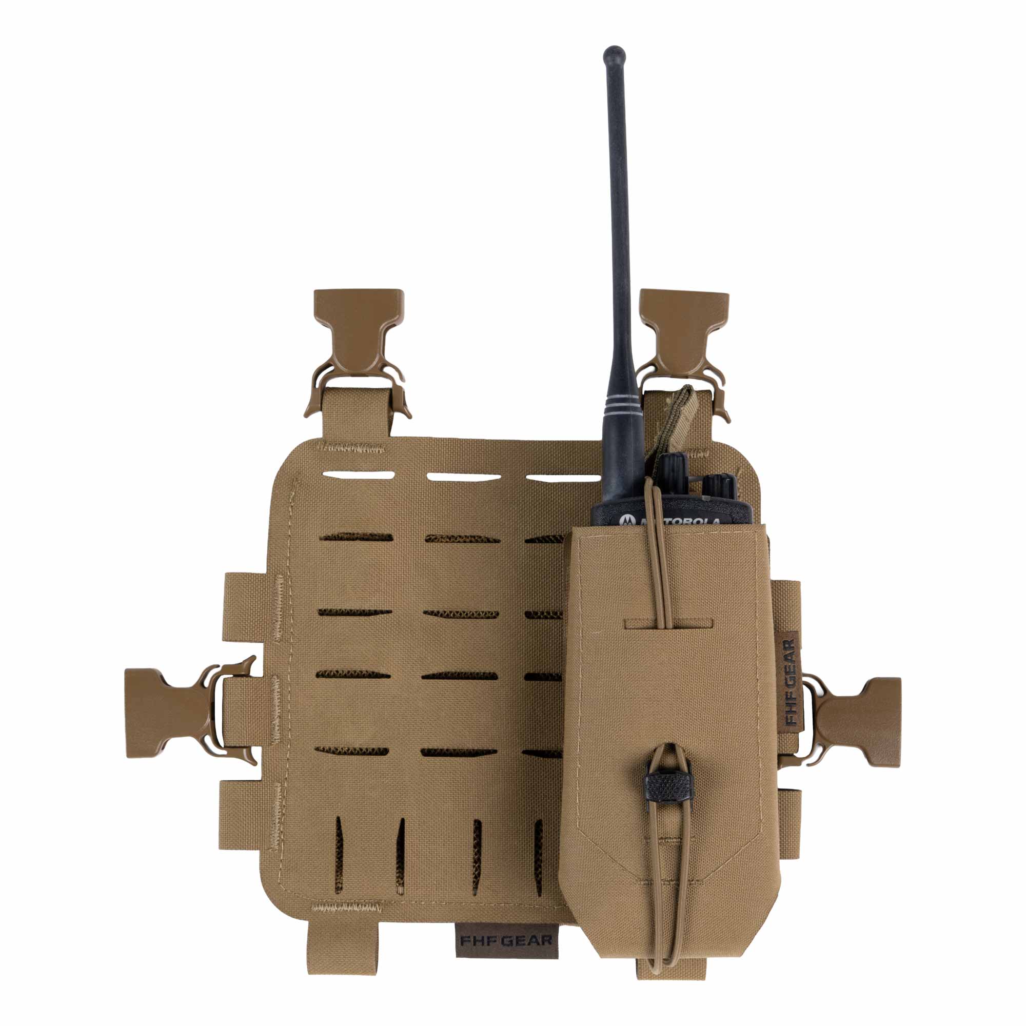 Tactical chest panel with radio and radio pouch on a white background