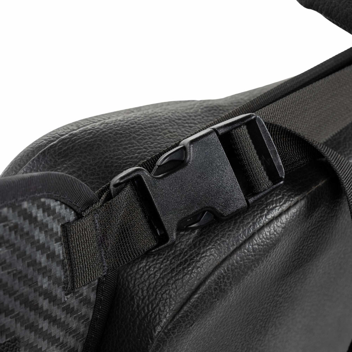 Close look at a black strap of The Bulkhead and a quick-release clip.