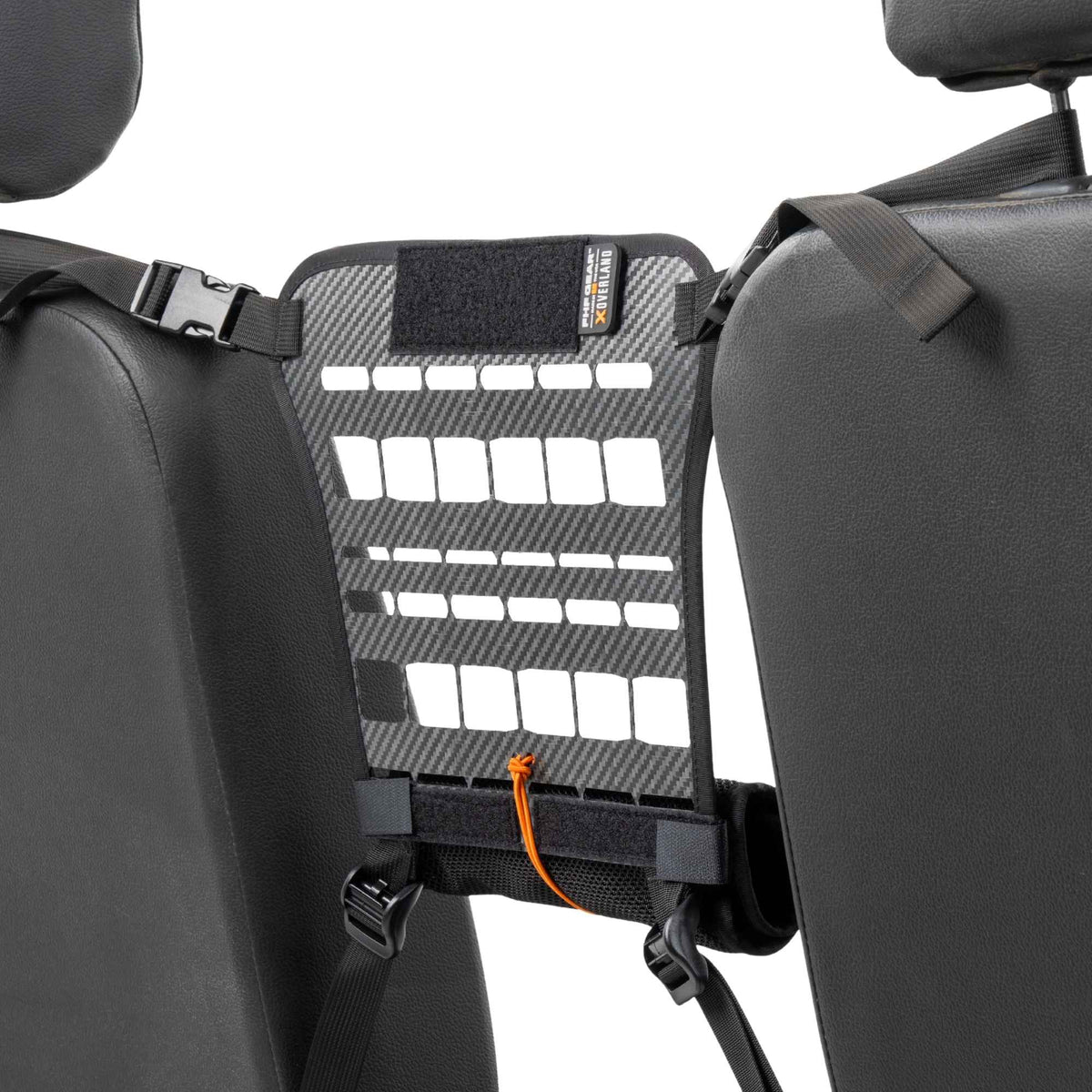Back view of The Bulkhead mounted between two car seats with straps holding to the headrests.