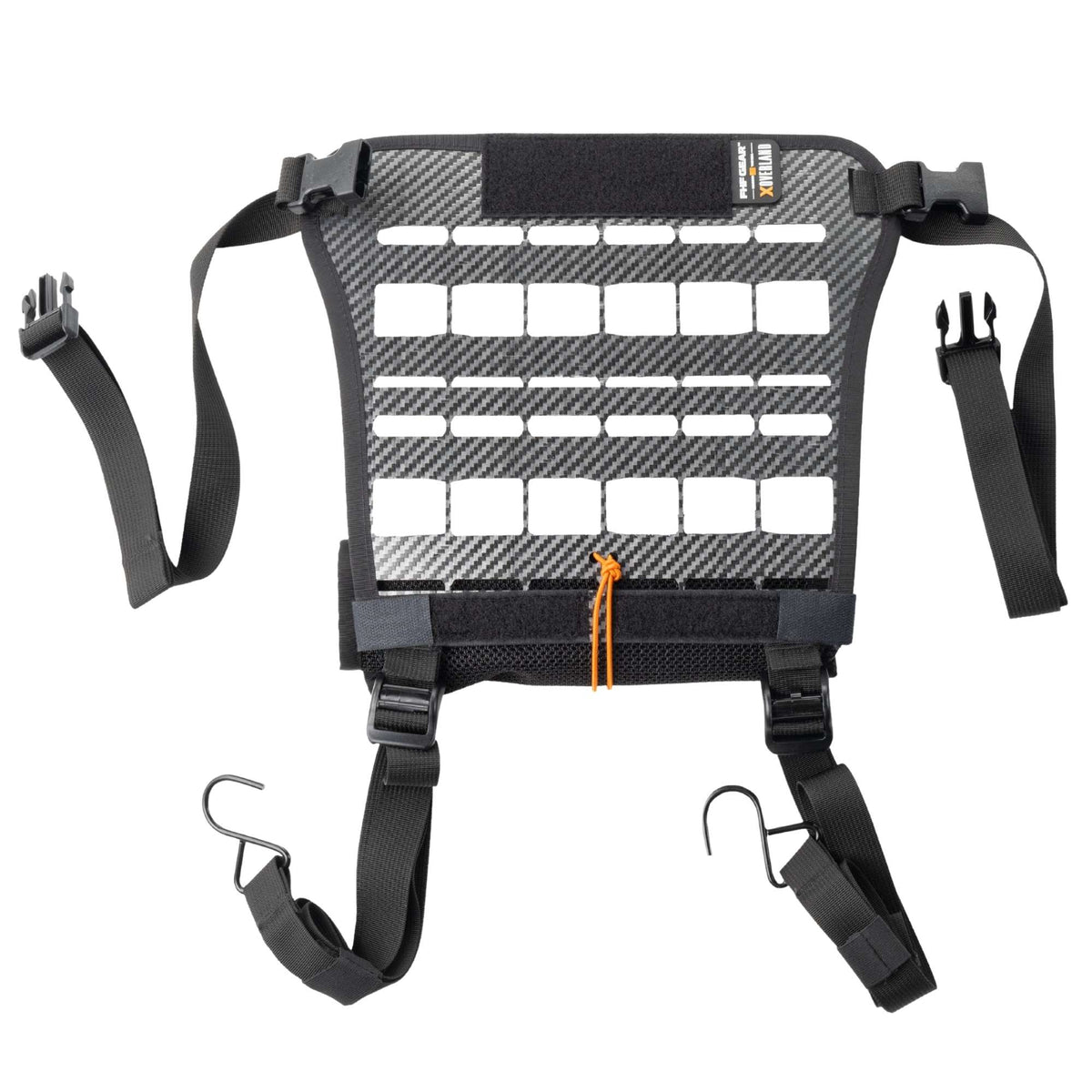 The Bulkhead structure in grey with edges and straps in black with quick-release buckles on the upper side and hooks and the end of the lower straps.
