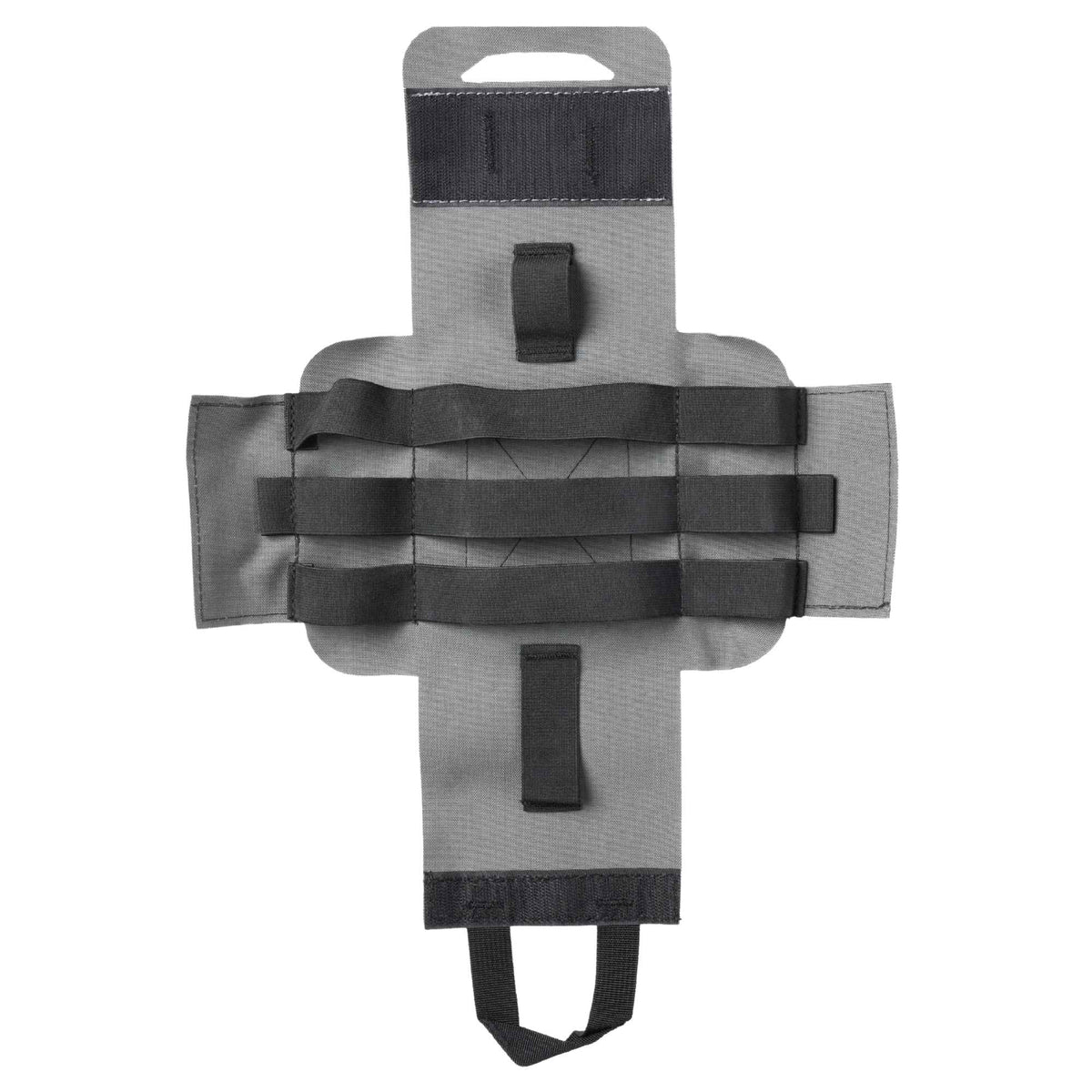 Full open grey medical kit attachment showing black elastic straps to fill in with accessories.