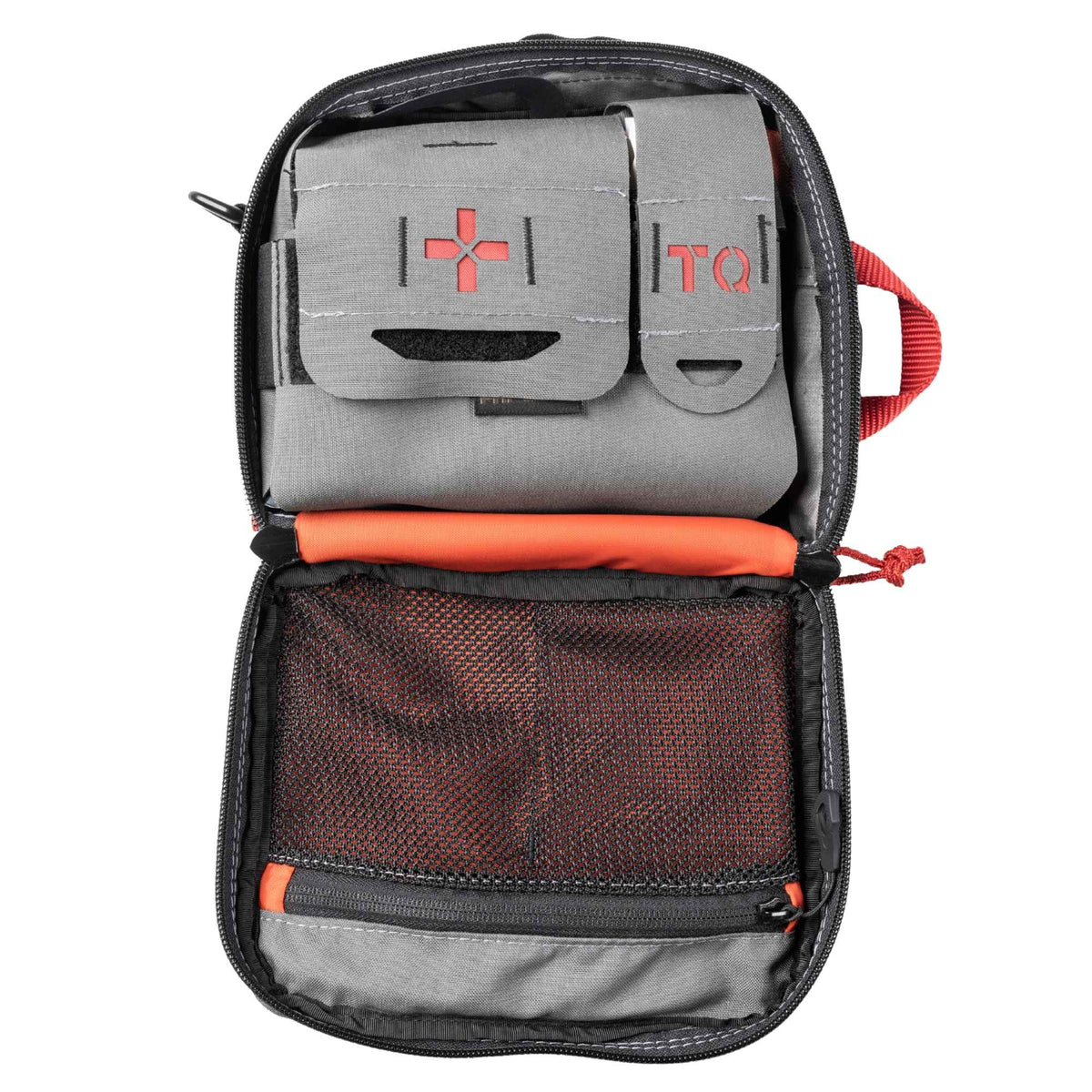 Open medical kit with grey bags on one side and black mesh on the other side.