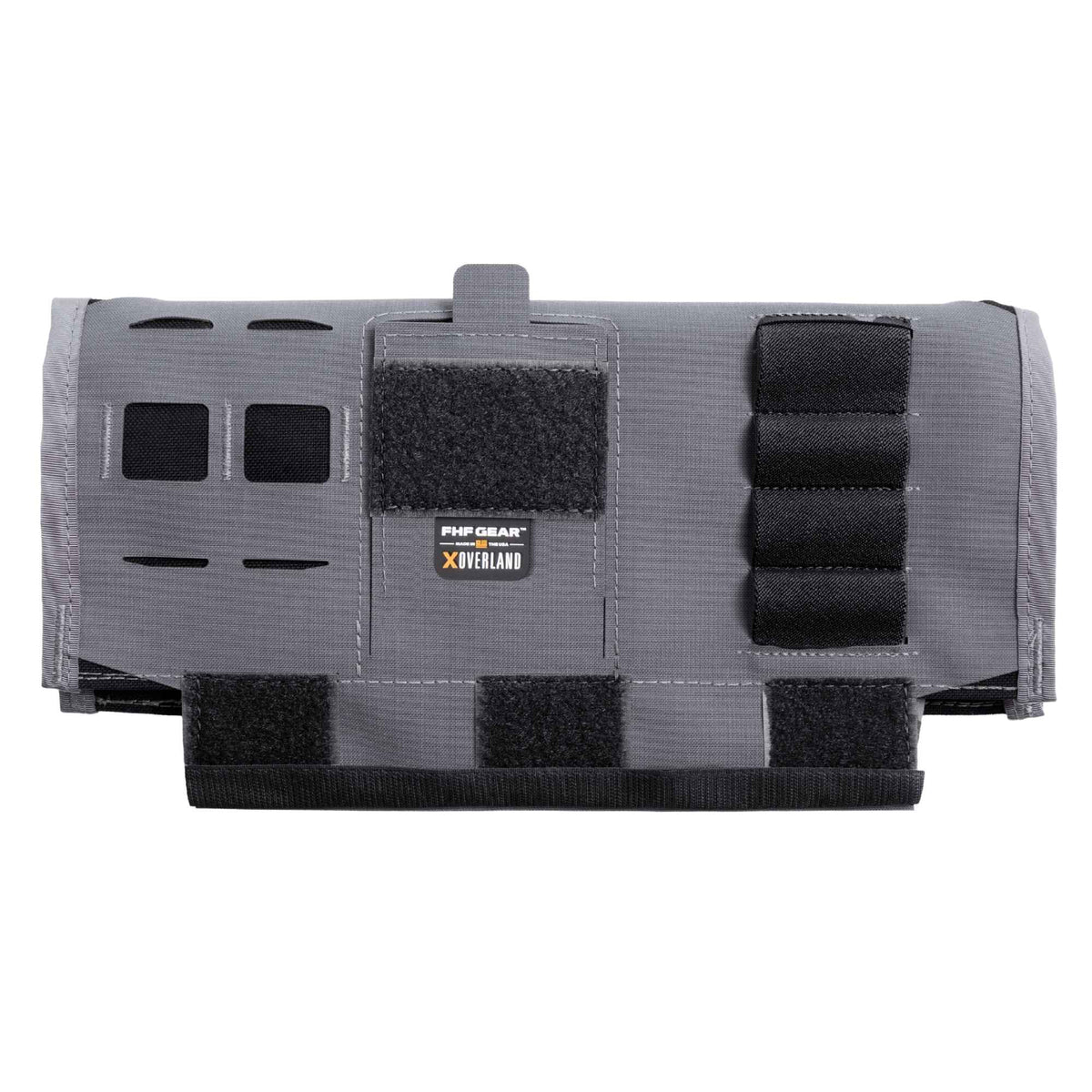 Gray car visor organizer with black elastics and velcro and "FHF GEAR XOVERLAND" branding in the middle.