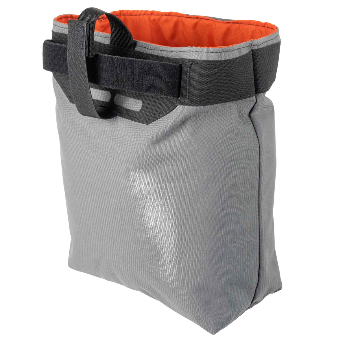 Back shot of a grey storage bag with orange inside and velcro hook and loops on the upper side.