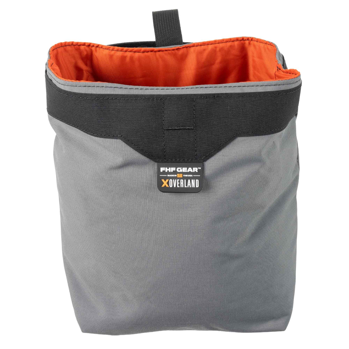Grey storage bag with orange inside and FHF XOVERLAND branding on the center.