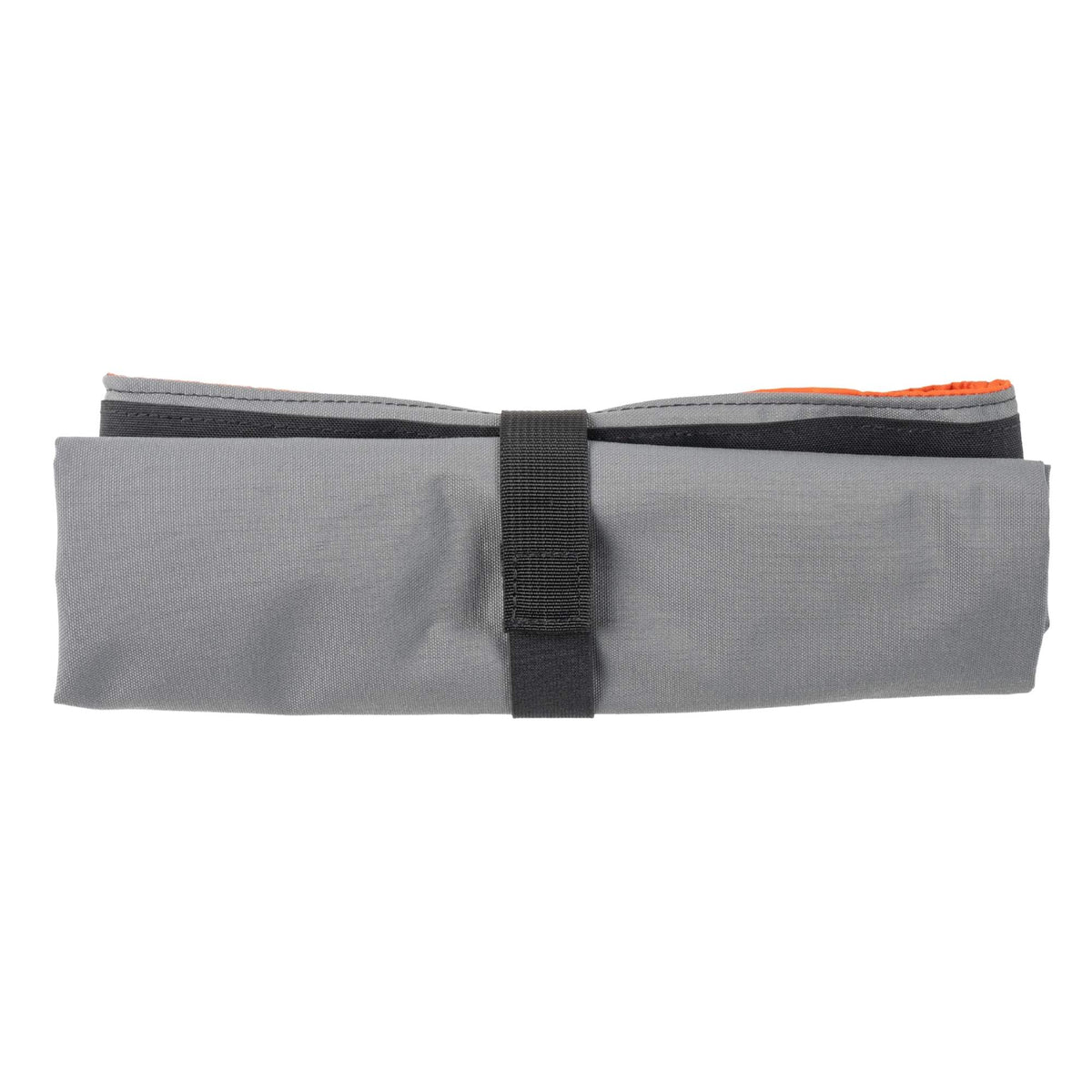 Grey storage bag rolled up and hold by the black velcro hook.