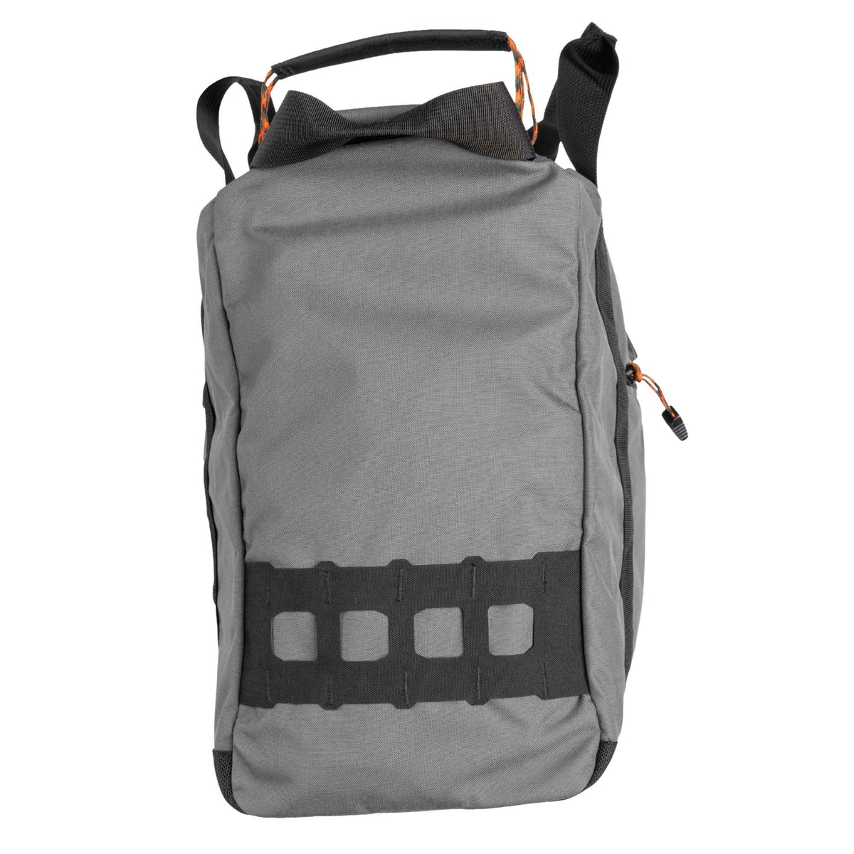 Side look of the FHF The Stage Tote in grey with black straps and black MOLLE points.
