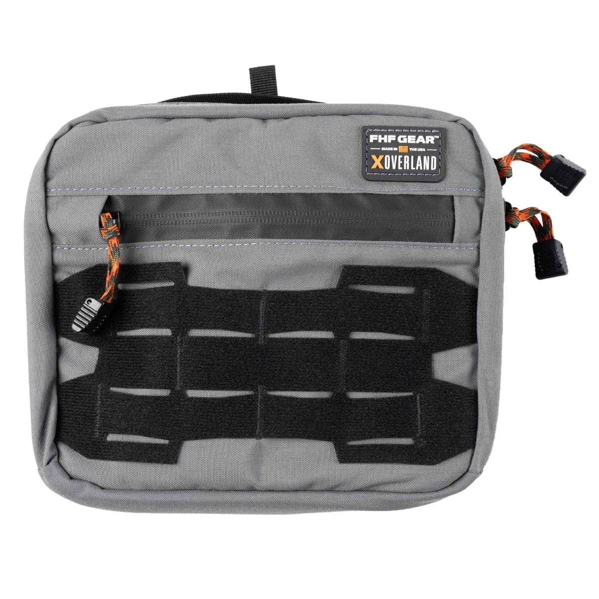 Grey pouch with black MOLLE panel at the center, it has orange cords in the zippers and FHF OVERLAND branding in the upper left corner.