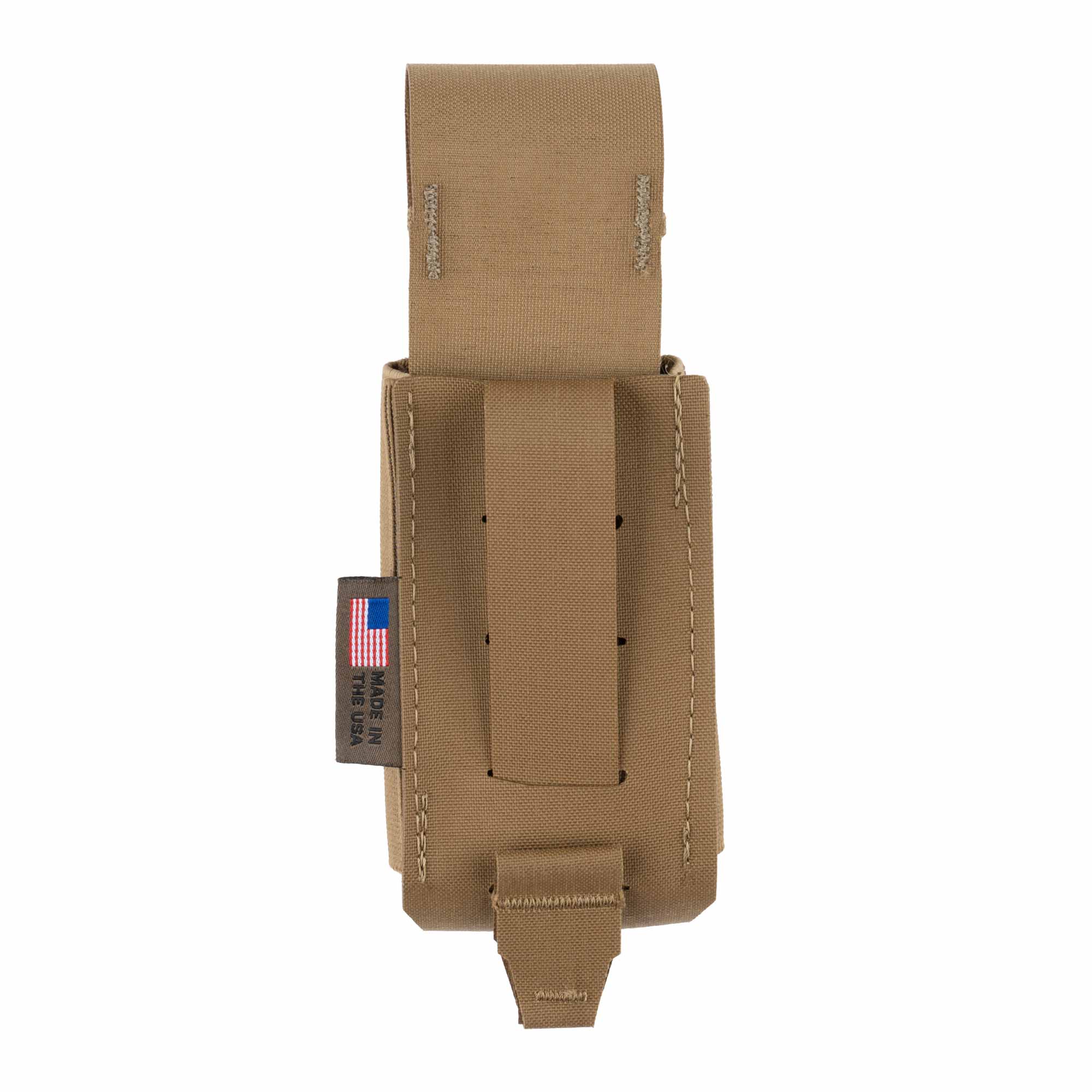 Brown tourniquet pouch with visible branding and MOLLE attachment on a white background