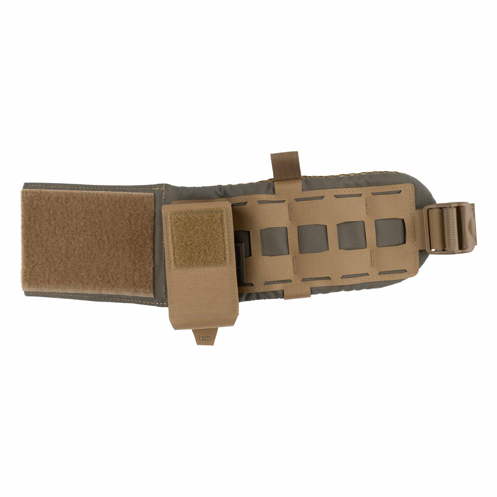Tactical belt with tourniquet pouch receiver and straps on a white background