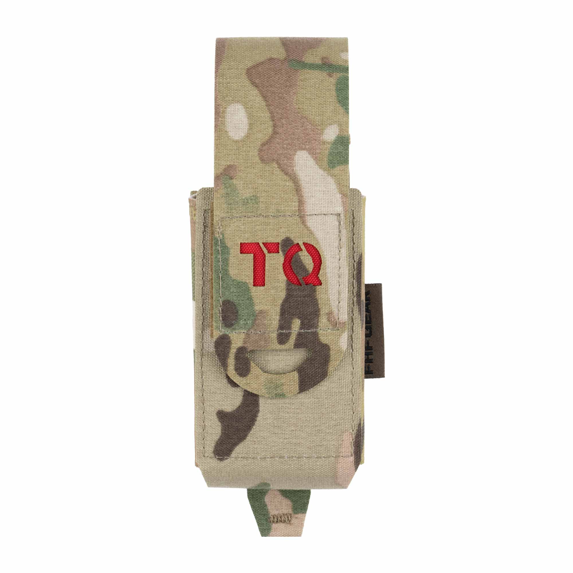 Camouflage tourniquet pouch with 'TQ' logo on a white background
