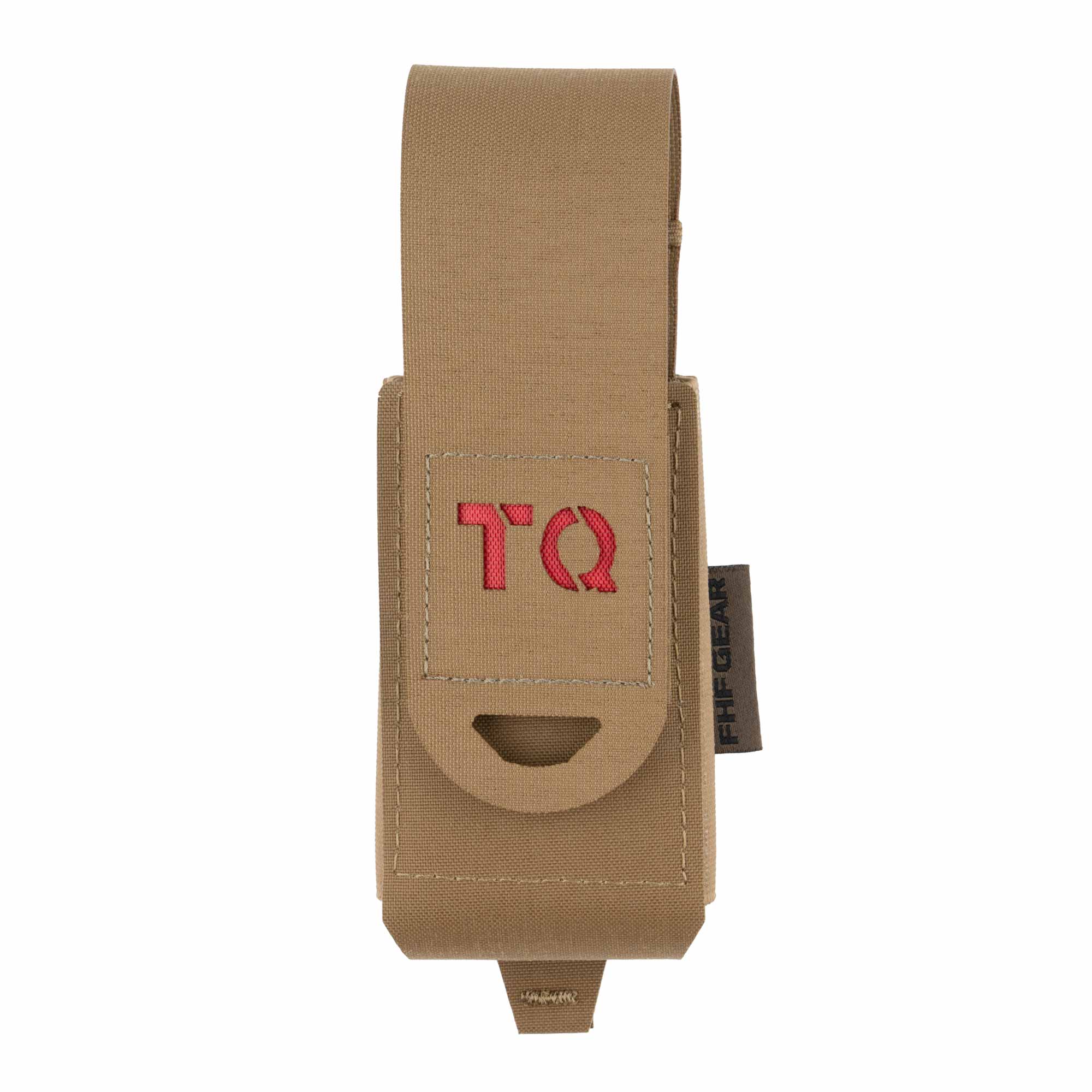 Tan tourniquet pouch with 'TQ' embroidery on a white background