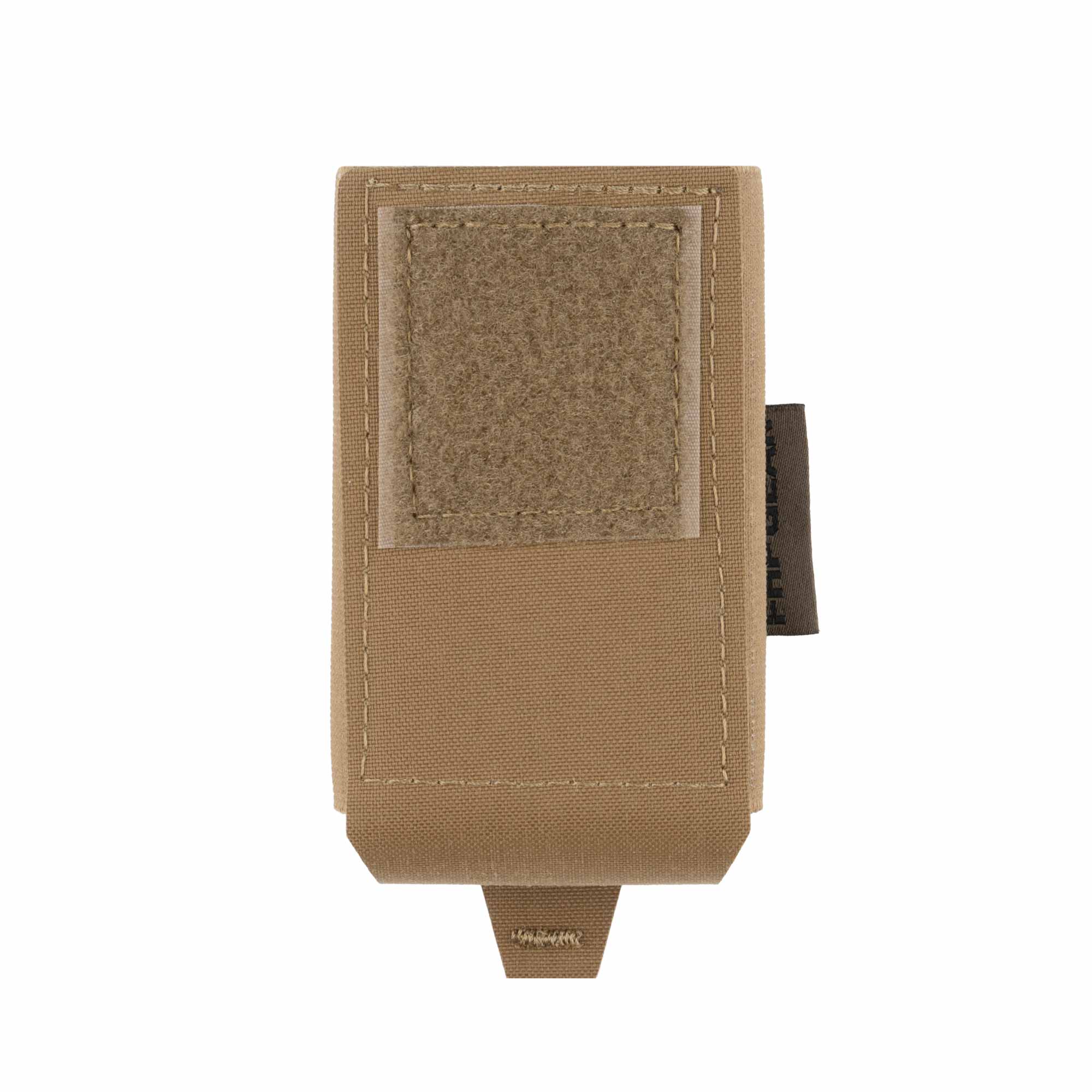 Brown tactical pouch with a velcro patch on a white background