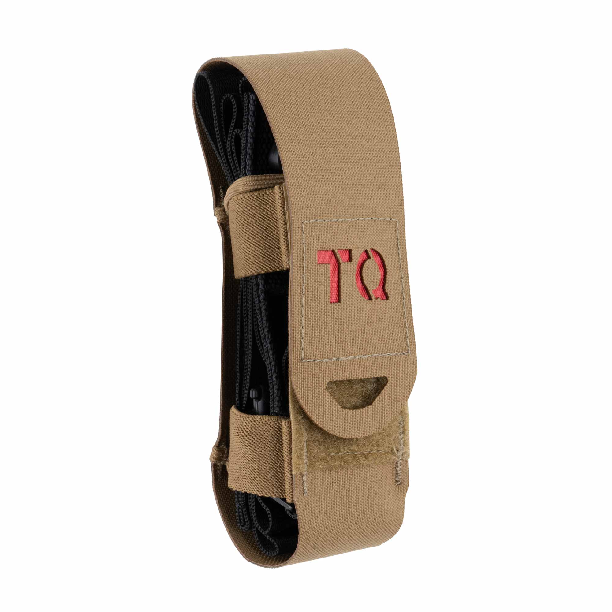 Tan tourniquet pouch with tourniquet inside and a red logo on a white background