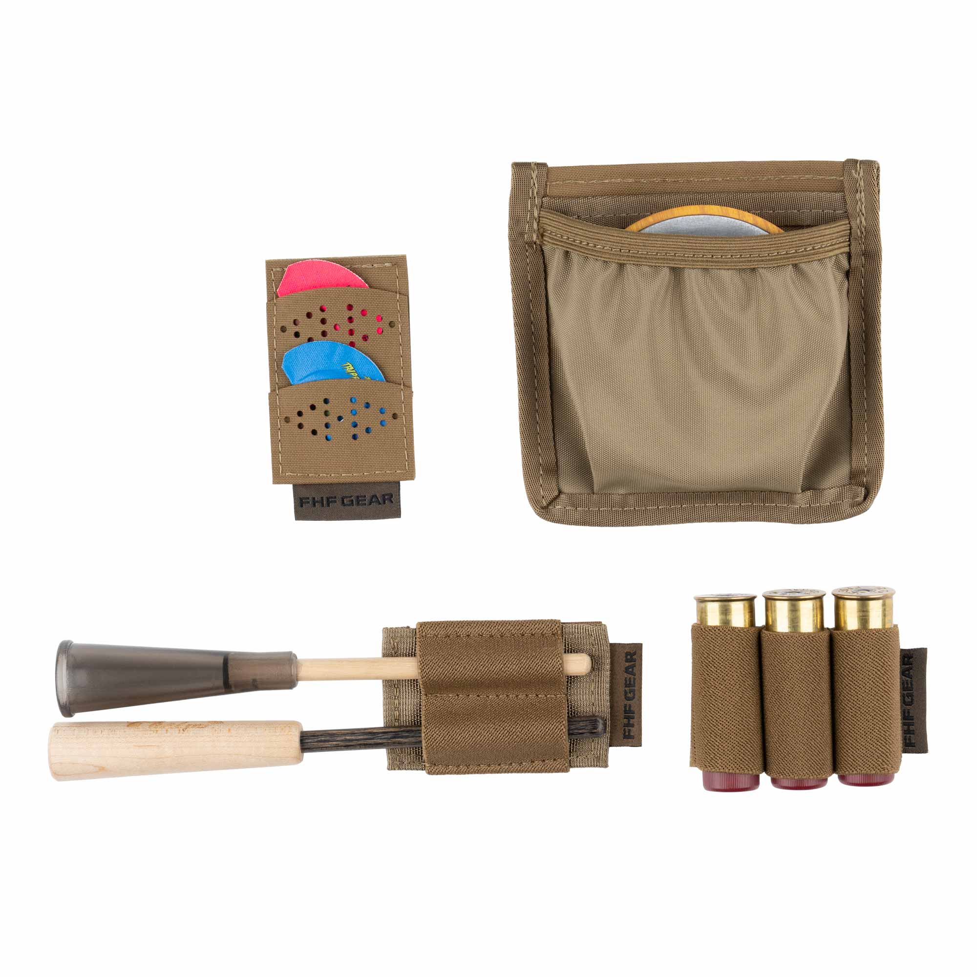 Set of hunting accessories including a shell holder, turkey call, and shotshells on a white background.