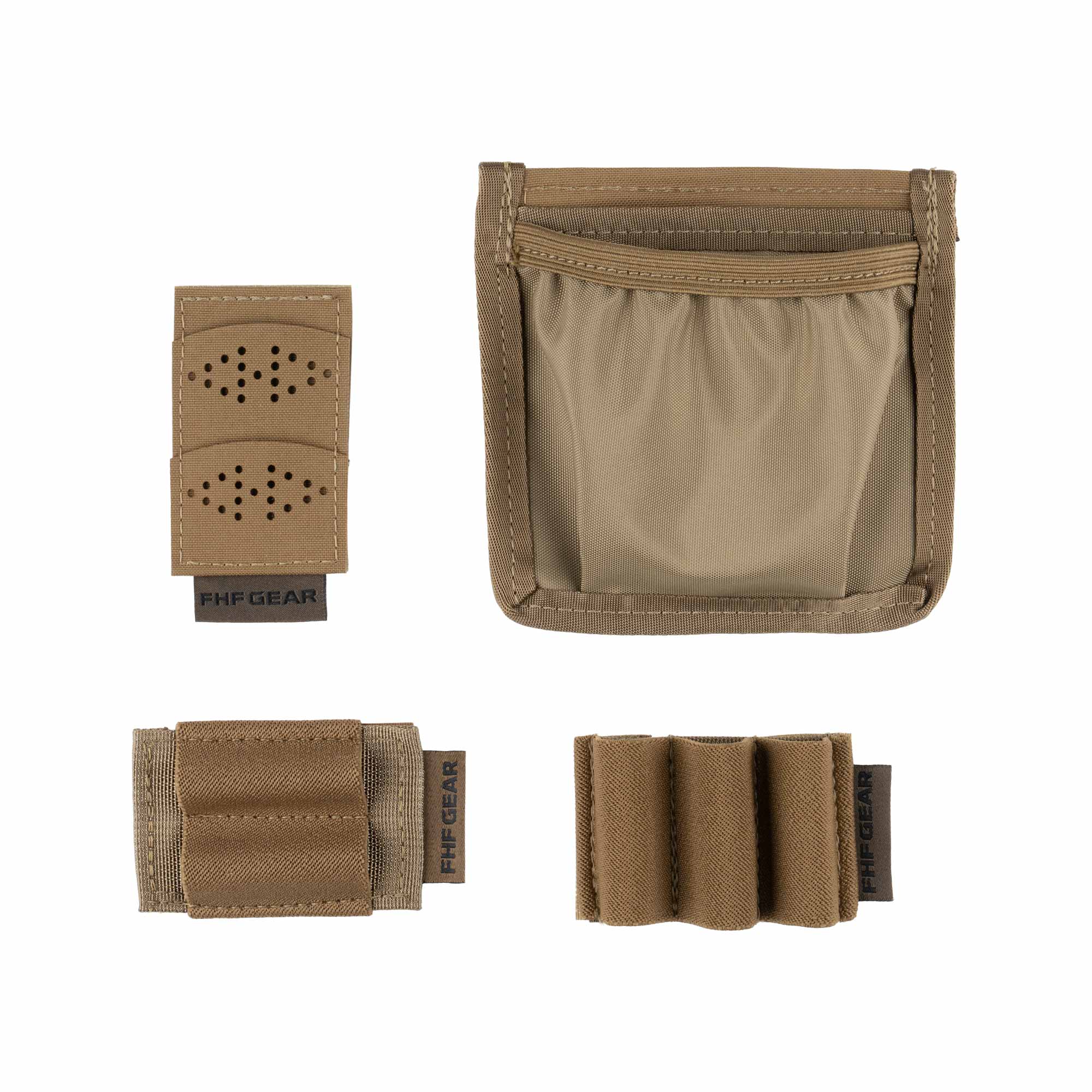Set of turkey hunting pouches and MOLLE accessories in brown color on a white background