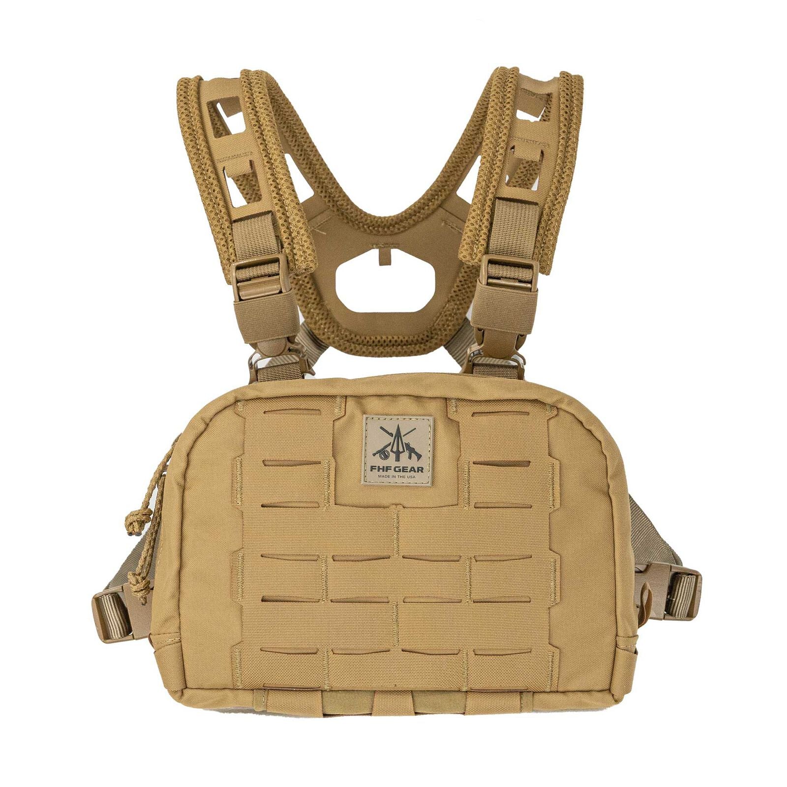 Tan chest rig with FHF GEAR logo, MOLLE webbing, and padded harness.