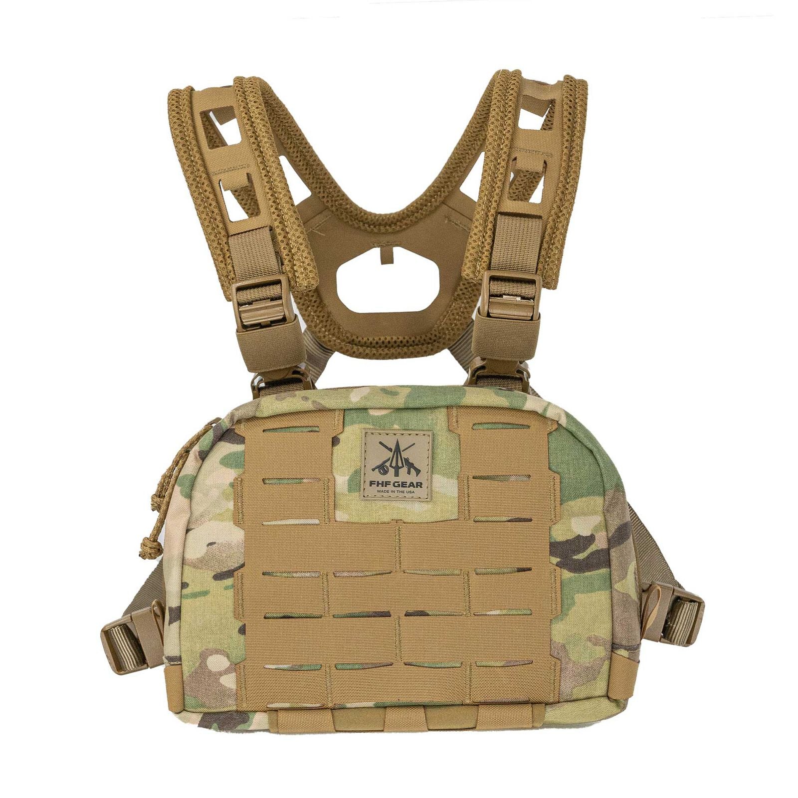 Multicam chest rig with coyote brown laser-cut MOLLE and padded shoulder straps.