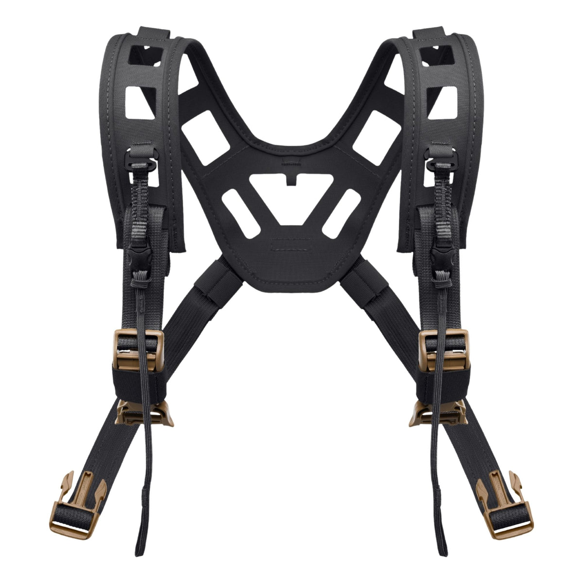 Black tactical harness with mesh straps and quick-release buckles, X-shape.
