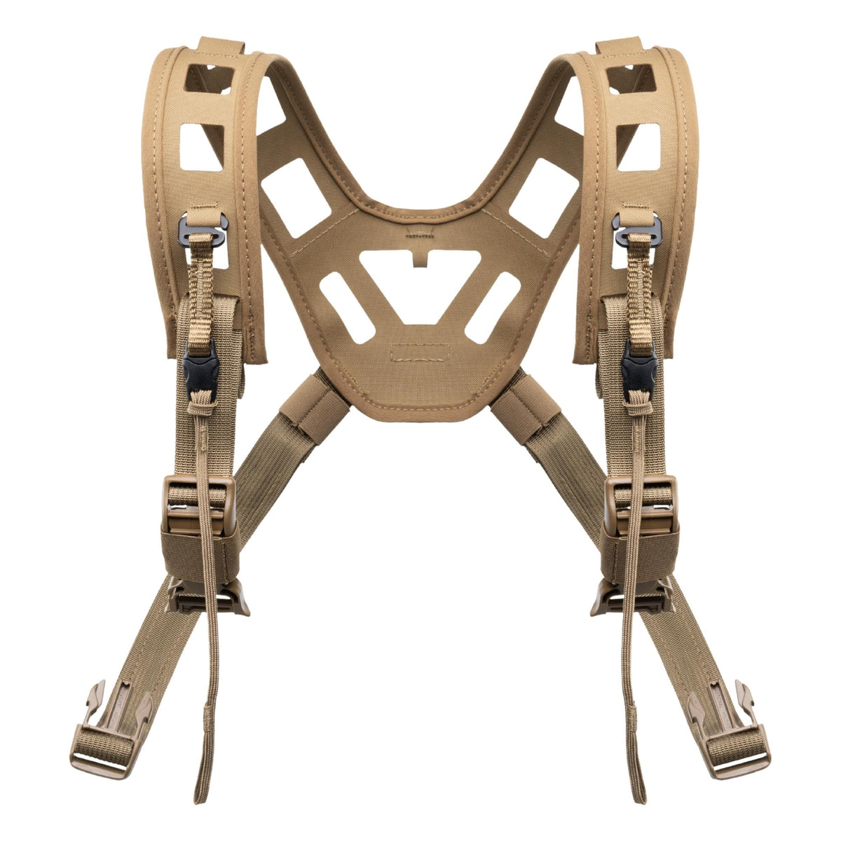 Coyote brown tactical harness with mesh straps and quick-release buckles, X-shape.