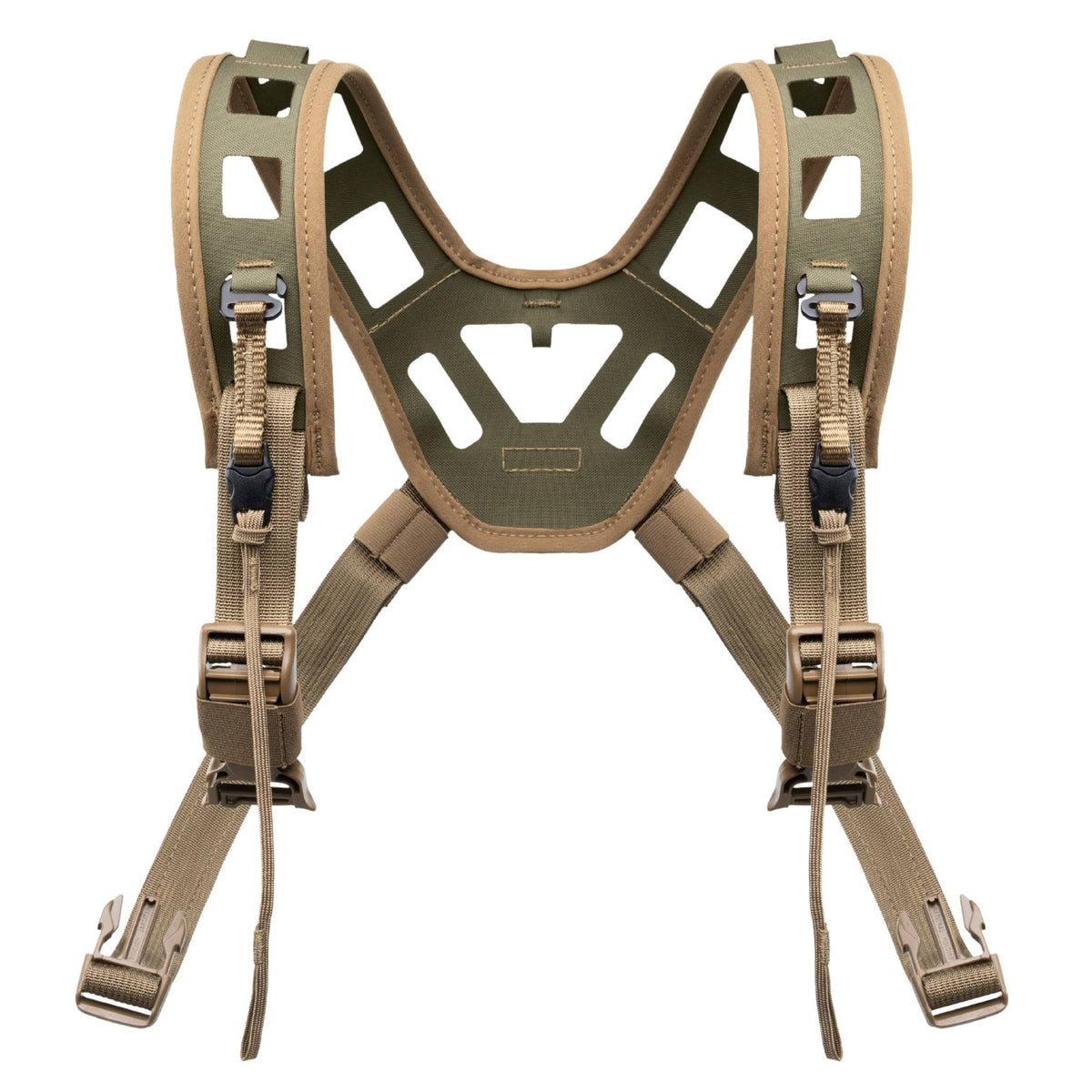 Ranger green tactical harness with mesh straps and quick-release buckles, X-shape.
