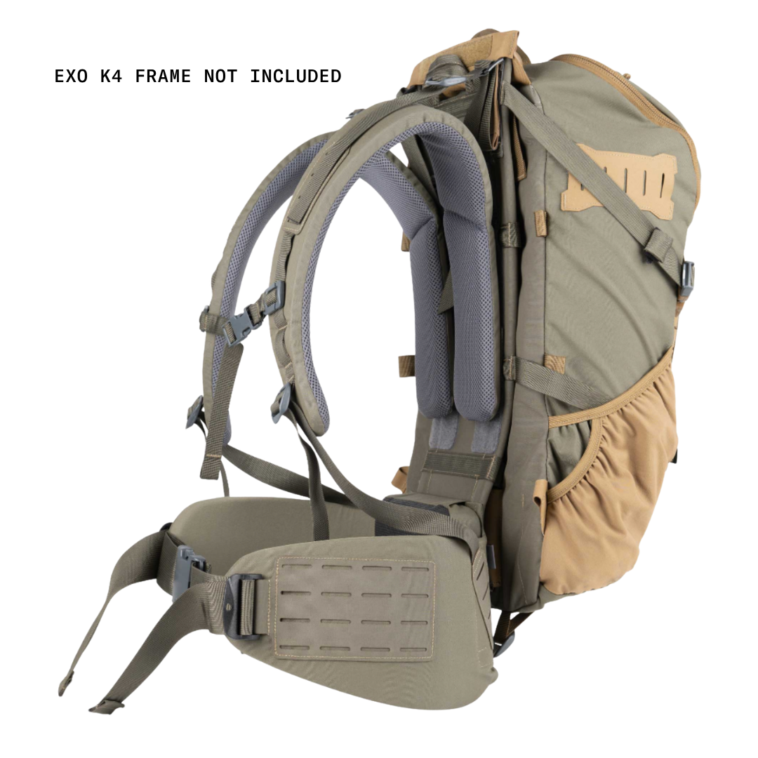 Side profile view of a tactical backpack on a white background, featuring a coyote brown and tan color scheme with gray padded shoulder straps. Text in the top left corner reads 'EXO K4 FRAME NOT INCLUDED'.