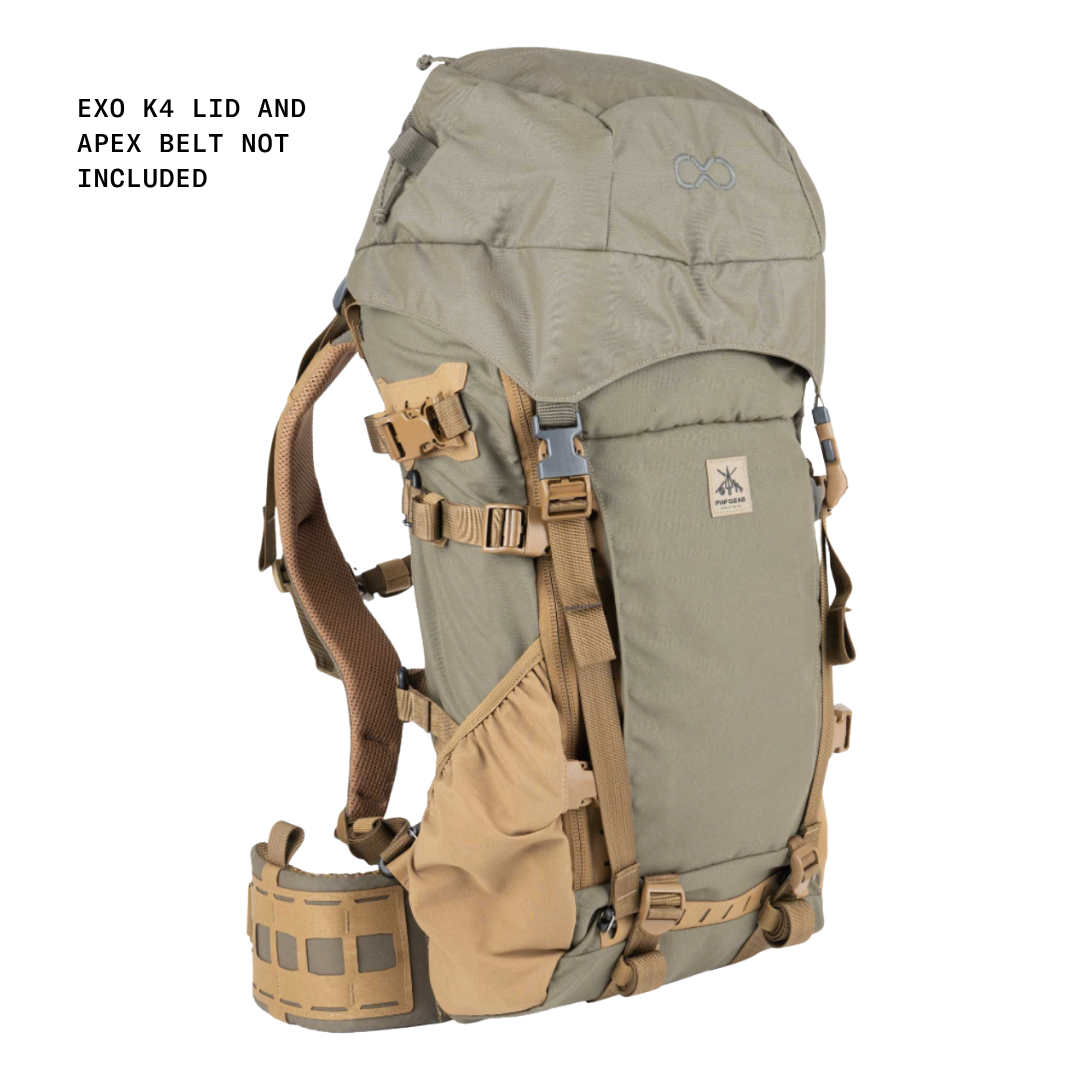 A tactical backpack in olive green and coyote brown, shown on a plain white background with a text overlay in the top-left corner stating 'EX0 K4 LID AND APEX BELT NOT INCLUDED'. The brand logo on the front patch reads 'FHF Gear'.