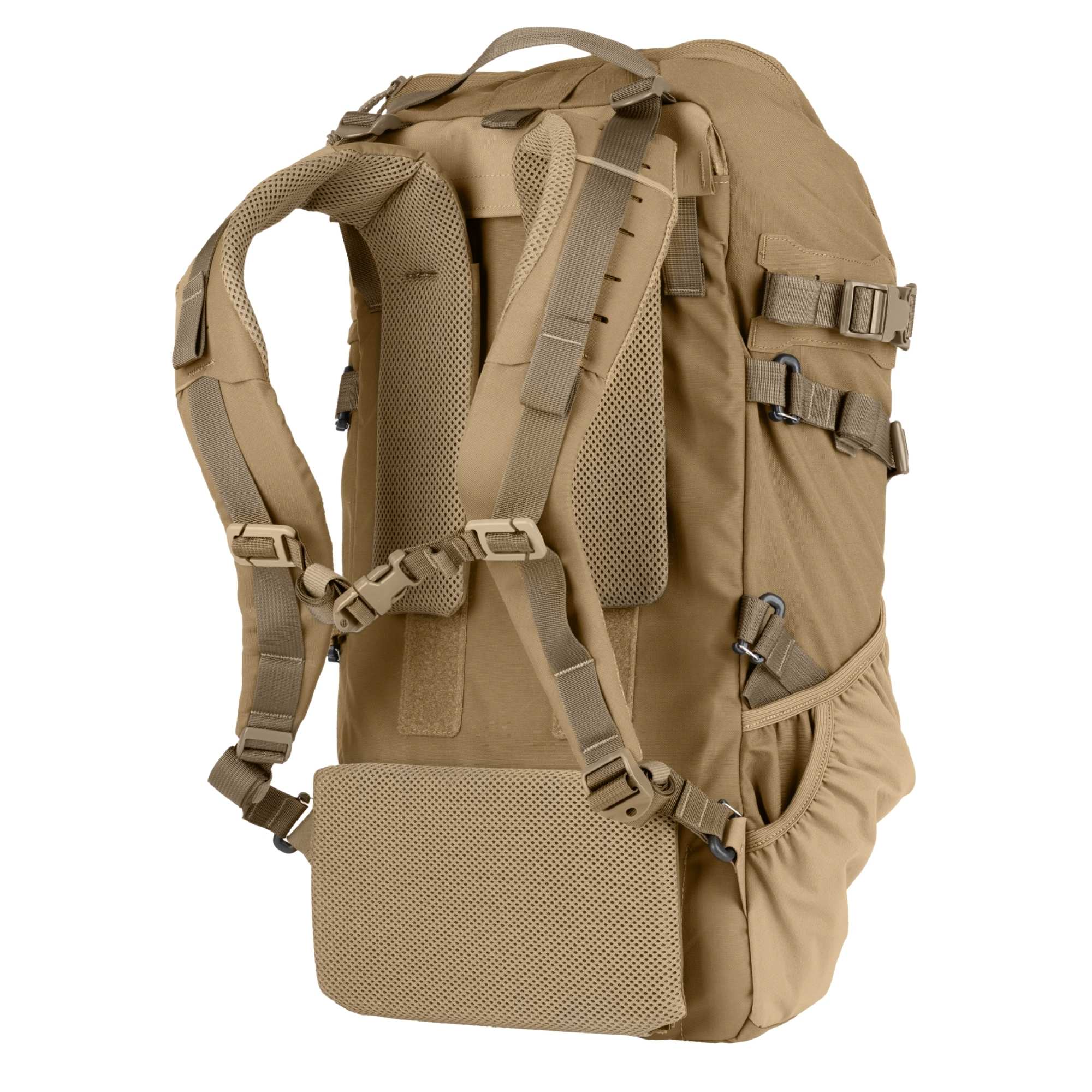 A hunting backpack in coyote brown and khaki, shown from a back rear view against a solid white background.