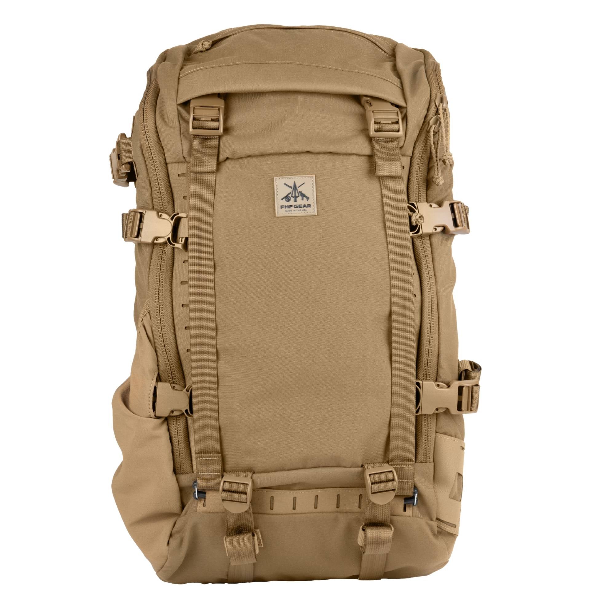 A hunting backpack in coyote brown, featuring multiple compression straps, buckles, and a central brand patch, shown against a plain white background.